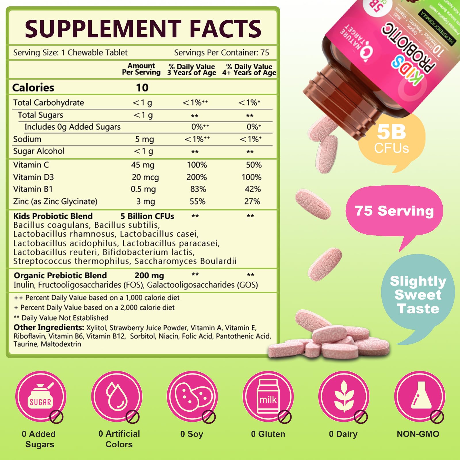 NATURE TARGET Kids Probiotic Chewable, 5 Billion CFUs Probiotics + Prebiotics for Ages 3+, Probiotics for Digestive Health, Immune Support & Appetite Booster, Natural Strawberry Flavor, 75 Servings