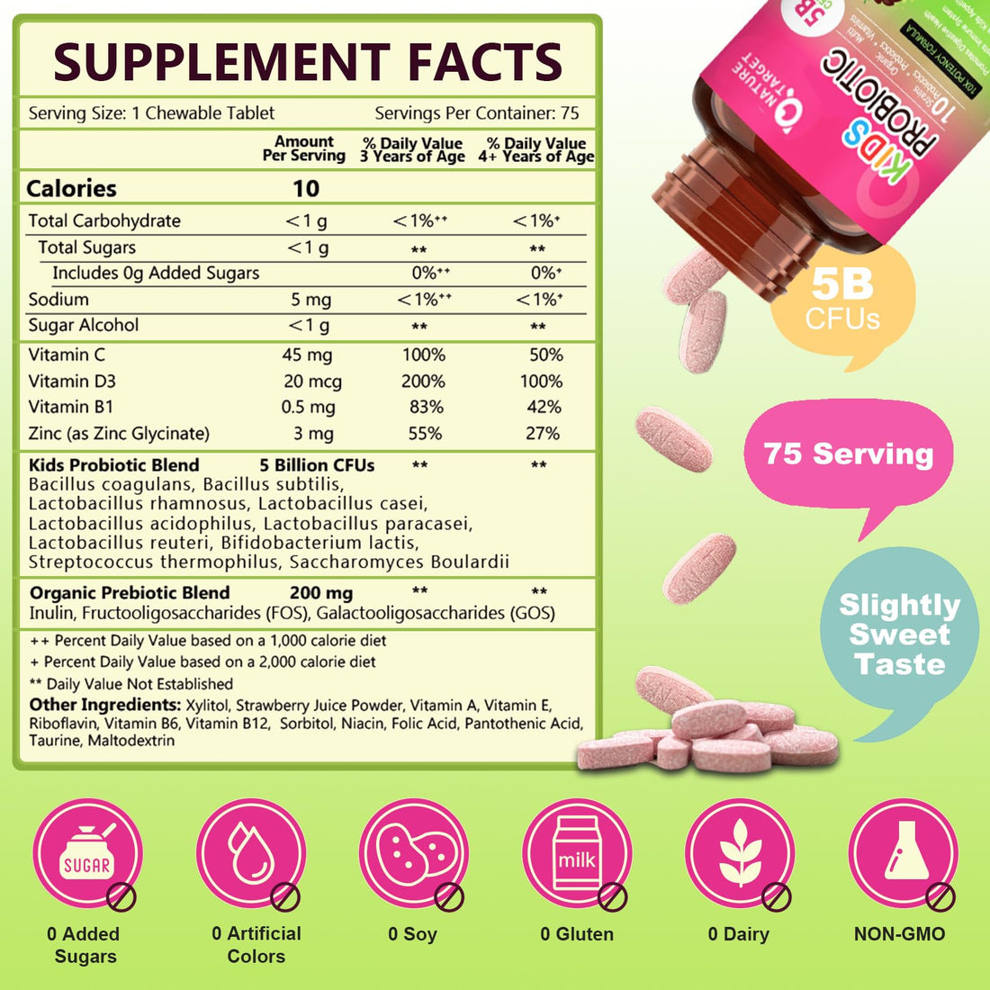 NATURE TARGET Kids Probiotic Chewable, 5 Billion CFUs Probiotics + Prebiotics for Ages 3+, Probiotics for Digestive Health, Immune Support & Appetite Booster, Natural Strawberry Flavor, 75 Servings