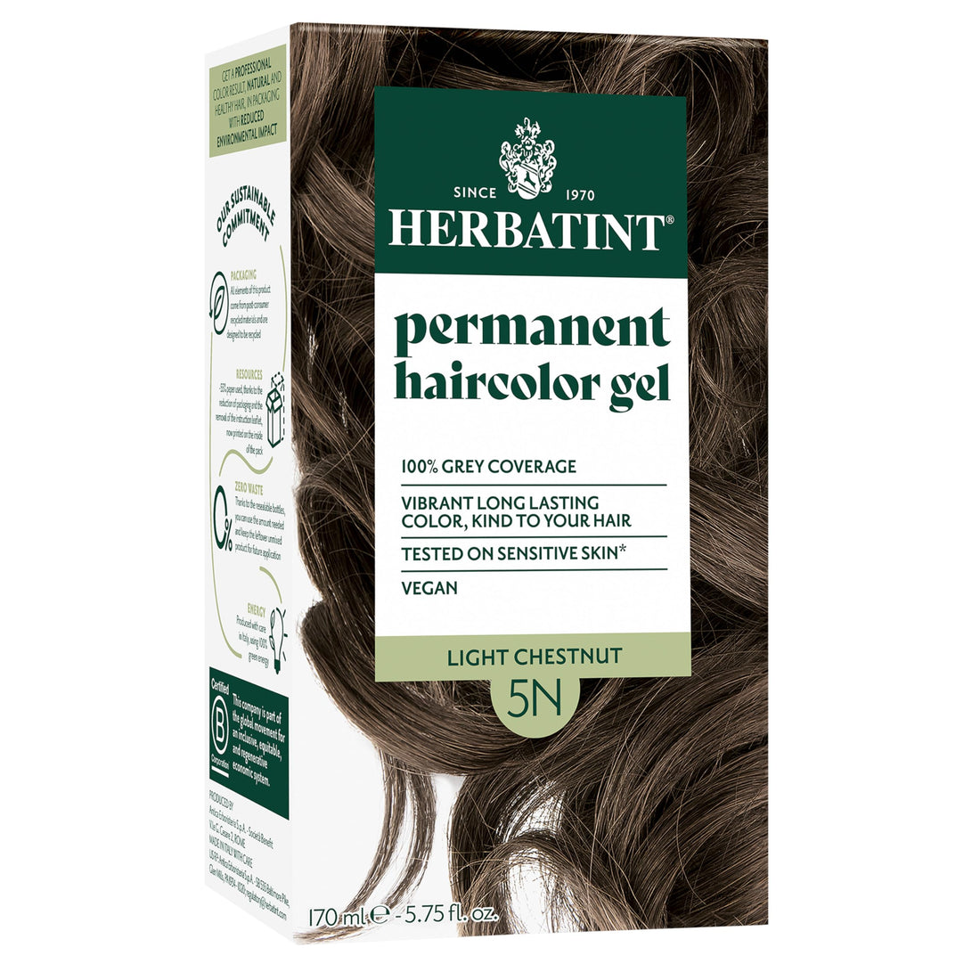 Herbatint Permanent Hair Dye For Women - 5N Light Chestnut - For Up To 100% Gray Coverage of Resistant Gray Hair - Ammonia-Free, Alcohol-Free & Vegan - Salon Influenced Hair color 5.75 fl oz