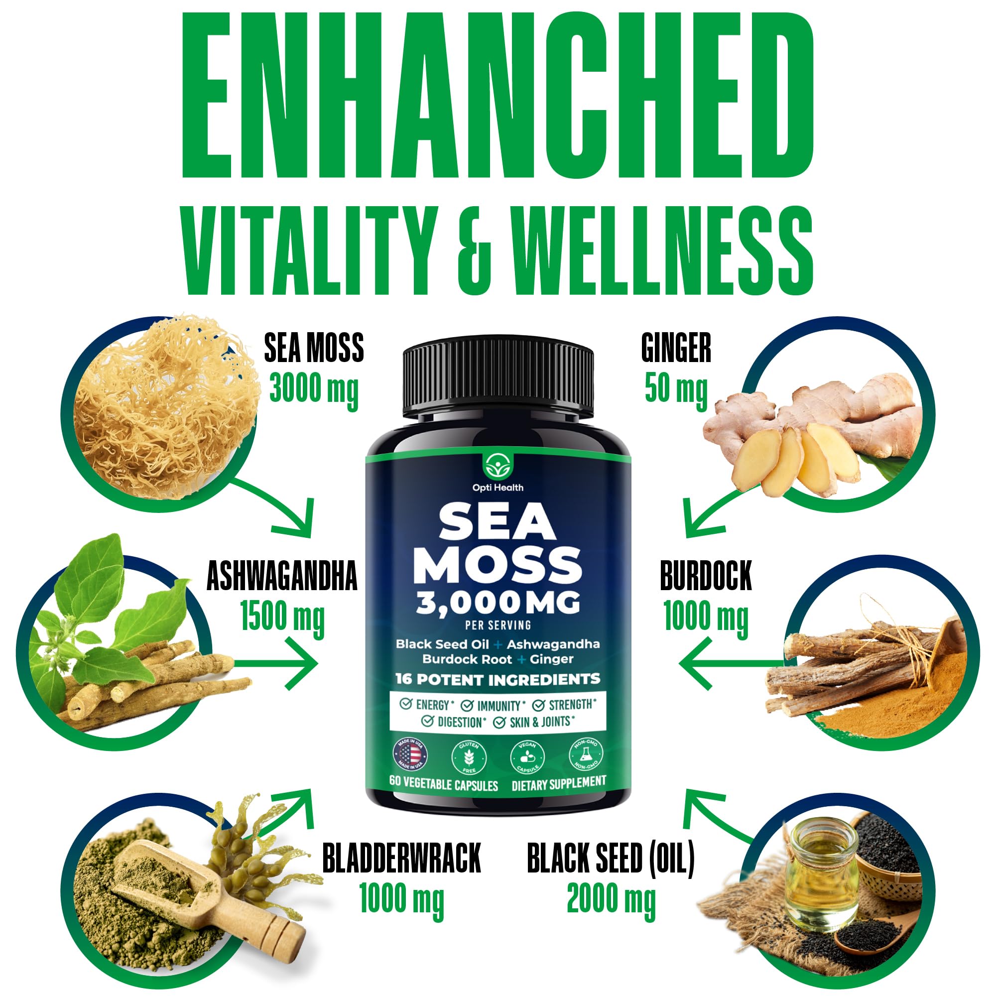 Sea Moss Black Seed Oil Ashwagandha Ginger - Advanced Irish Sea Moss Capsules All in One Supplement with Seamoss Black Seed Oil Ashwagandha Burdock Root Bladderwrack - Pills for Energy, Immune, Gut