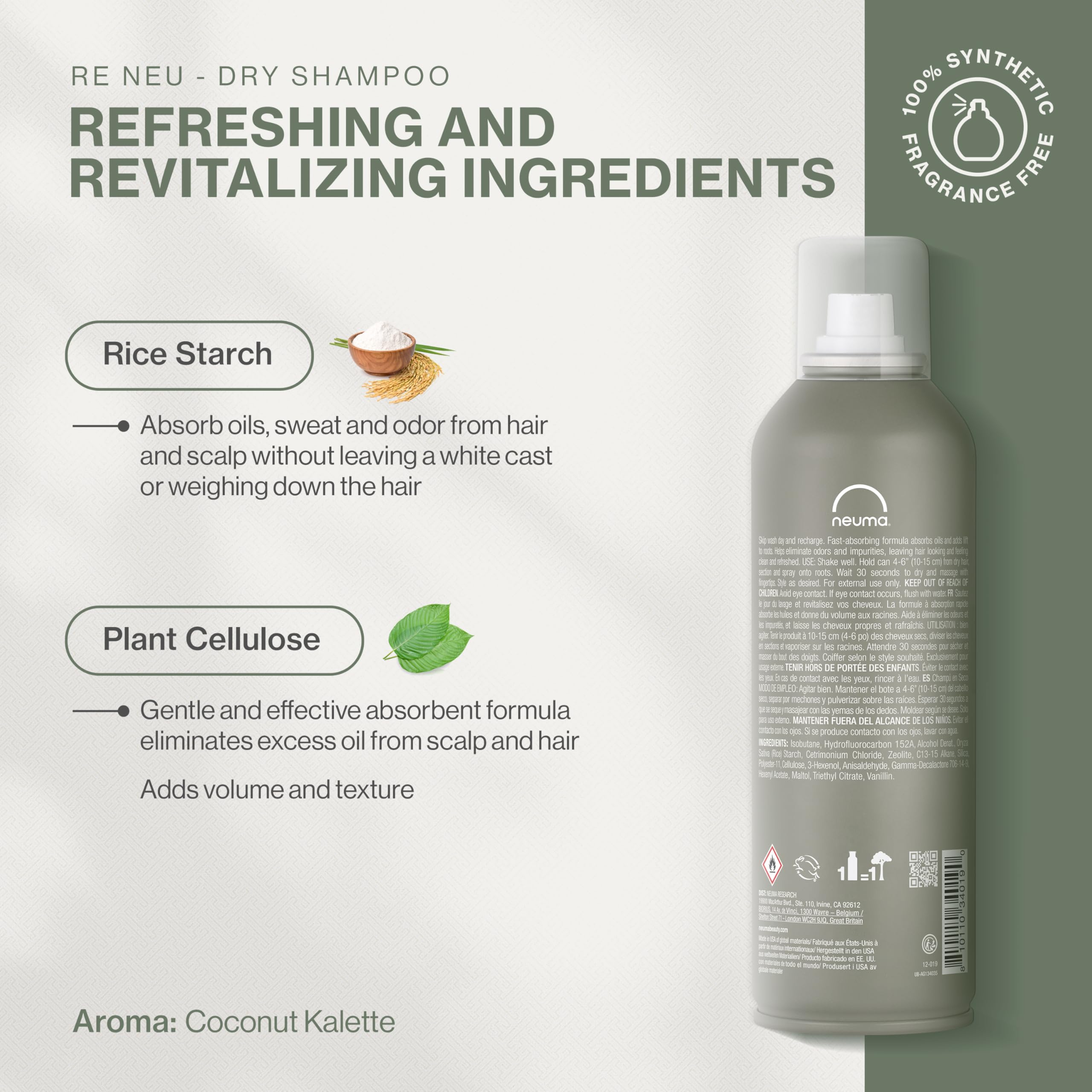 NEUMA Re Neu Dry Shampoo 6 Fl. Oz. Talc-Free, Fast-Absorbing Volumizing Dry Shampoo, Coconut Kalette Scent