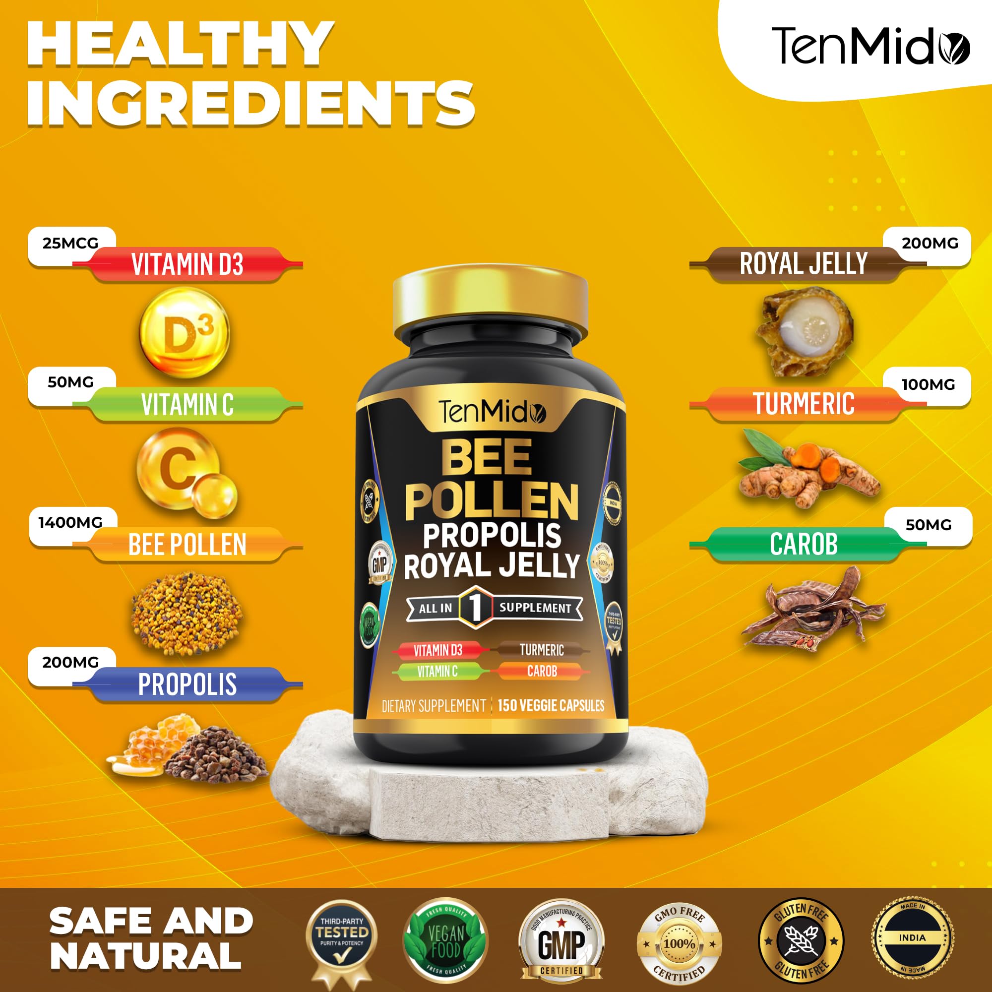 Tenmido Organic Bee Pollen Supplement for Men and Women, 7in1 Formula with Propolis, Royal Jelly, Turmeric, Carob & More - Energy, Immune, Digestive Support - Rich in Nutrient, Vitamins - 150 Capsules
