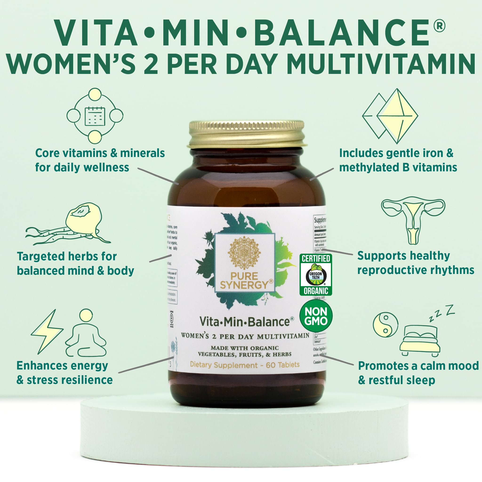 PURE SYNERGY Vita·Min·Balance | Multivitamin for Women with Iron | Women’s Daily Multivitamin Made with Organic Whole Foods | for Balanced Energy and Stress Support (60 Tablets)