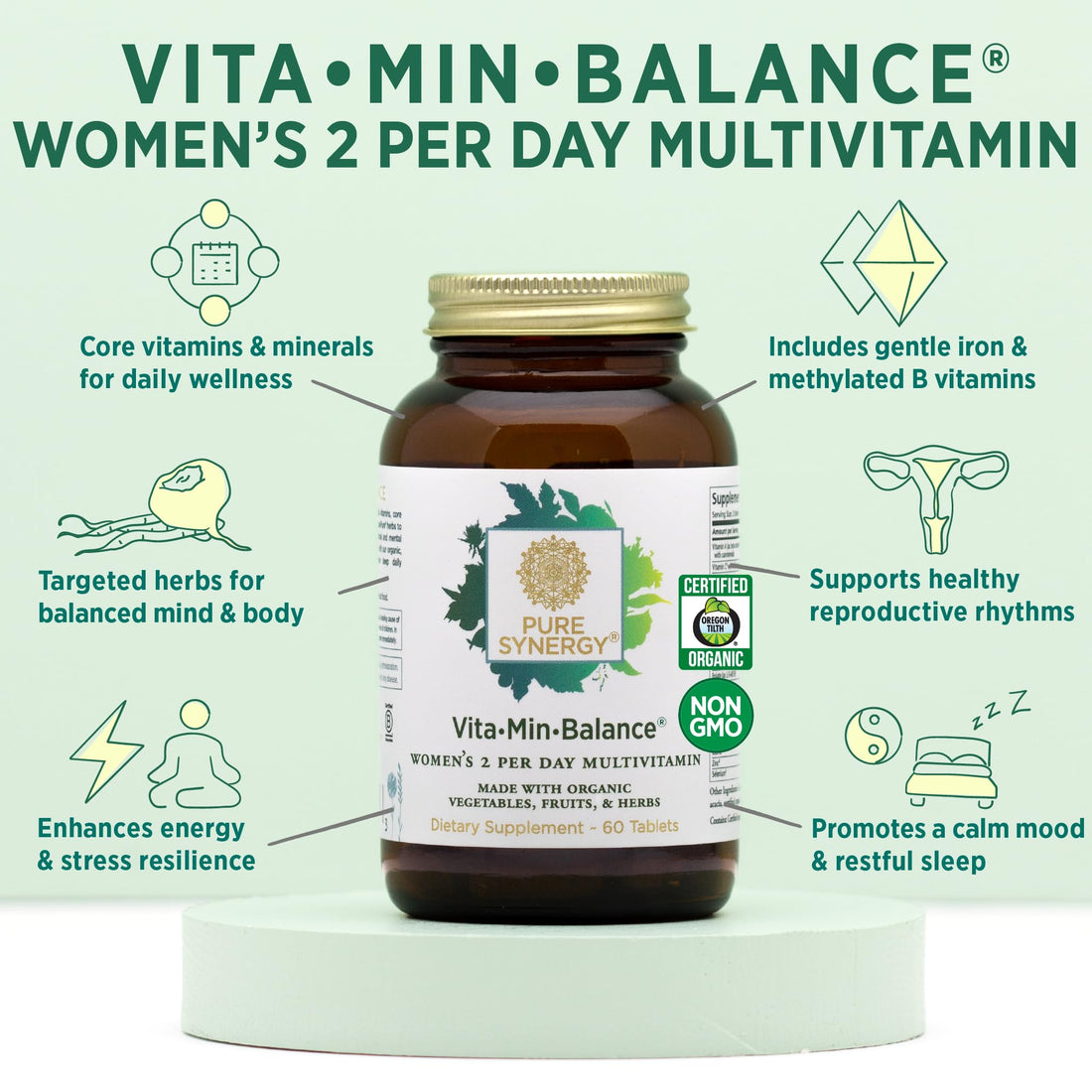 PURE SYNERGY Vita·Min·Balance | Multivitamin for Women with Iron | Women’s Daily Multivitamin Made with Organic Whole Foods | for Balanced Energy and Stress Support (60 Tablets)