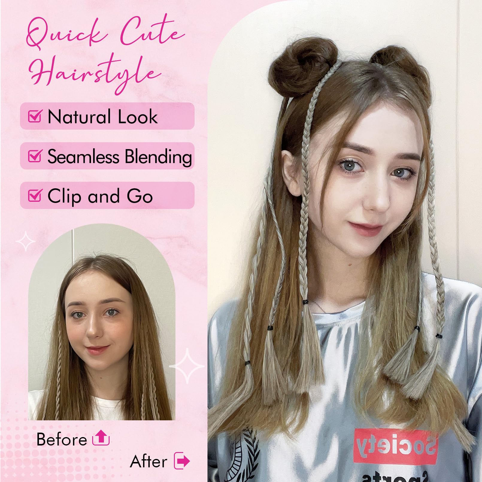 REECHO 2 PCS Mini Claw Clip in Messy & Cat Ears Hair Bun Extensions HB001 Wig Accessory Updo Hairpieces for Women Girls (Pack of 2-3 Straight, Ash Light Brown)