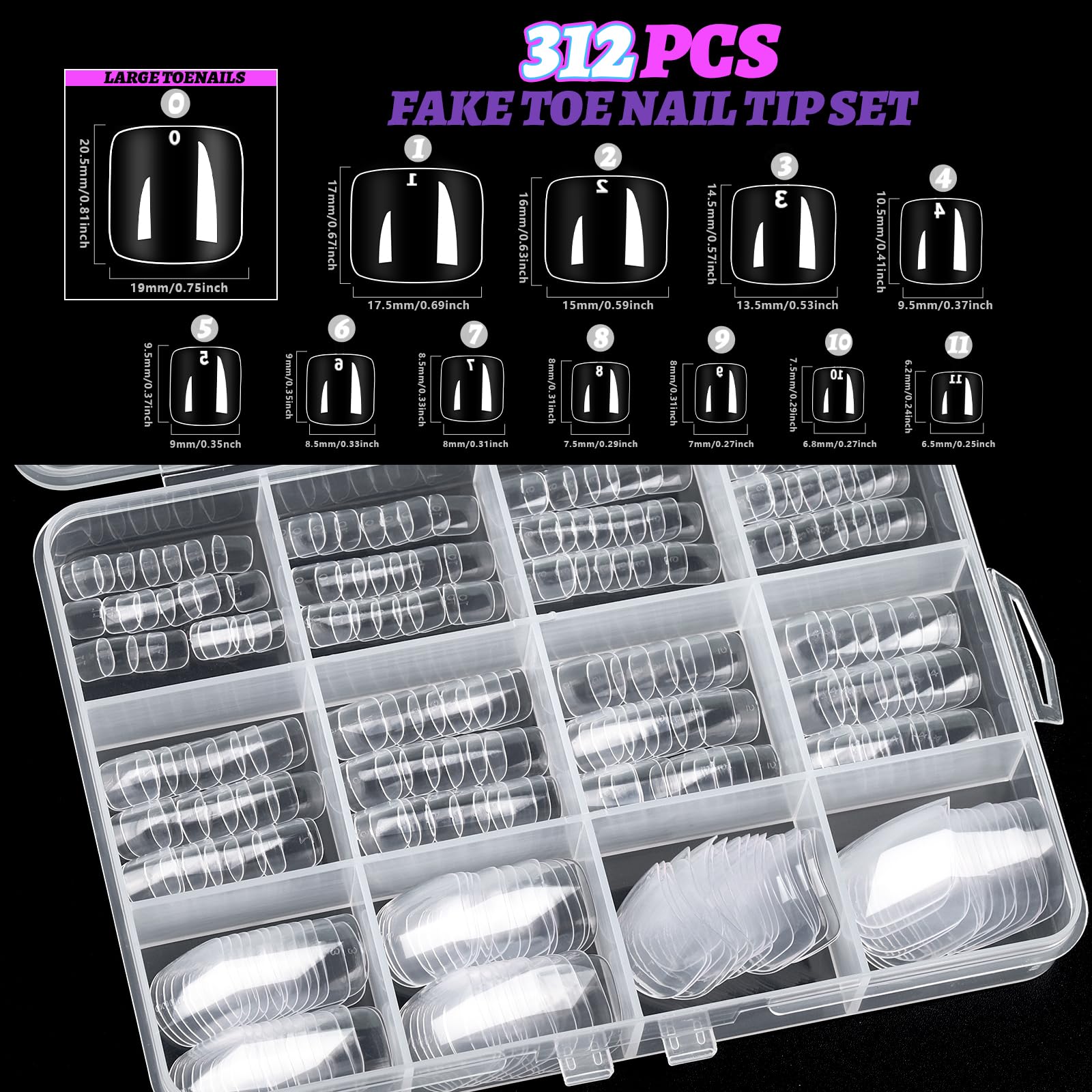 Teenitor 312pcs Clear Press On Nails Kit with Glitter, Acrylic Toe Nail Tips, Glue on Toenails for Women