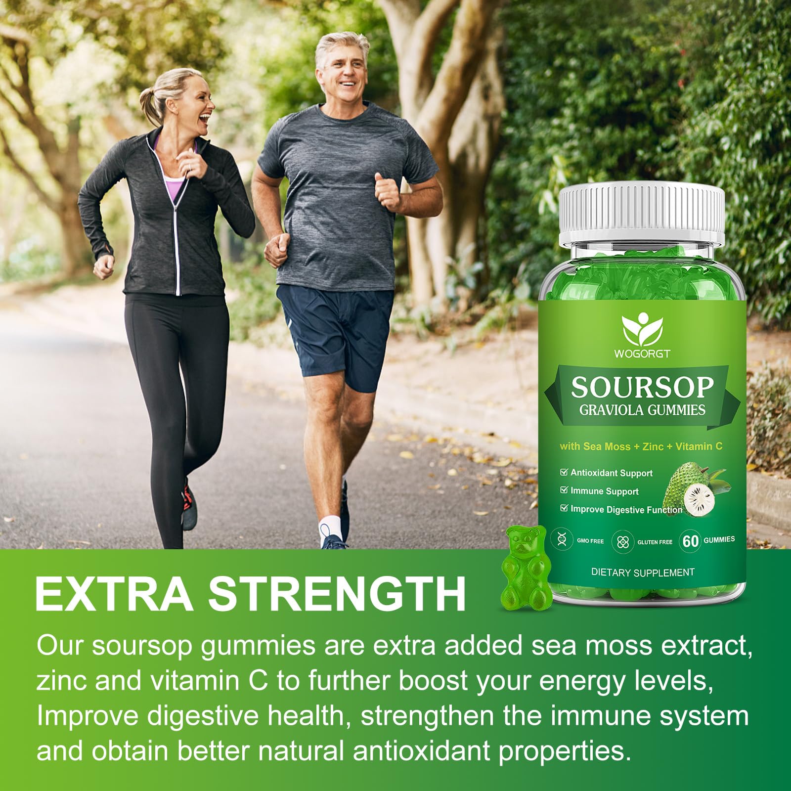 WOGORGT Soursop Graviola Gummies - Soursop Multivitamin Gummies with 200mg Sea Moss Extract for Antioxidant, Cell Support & Regeneration, Immune Support, Vegan, Apple Flavor - 60 Gummies