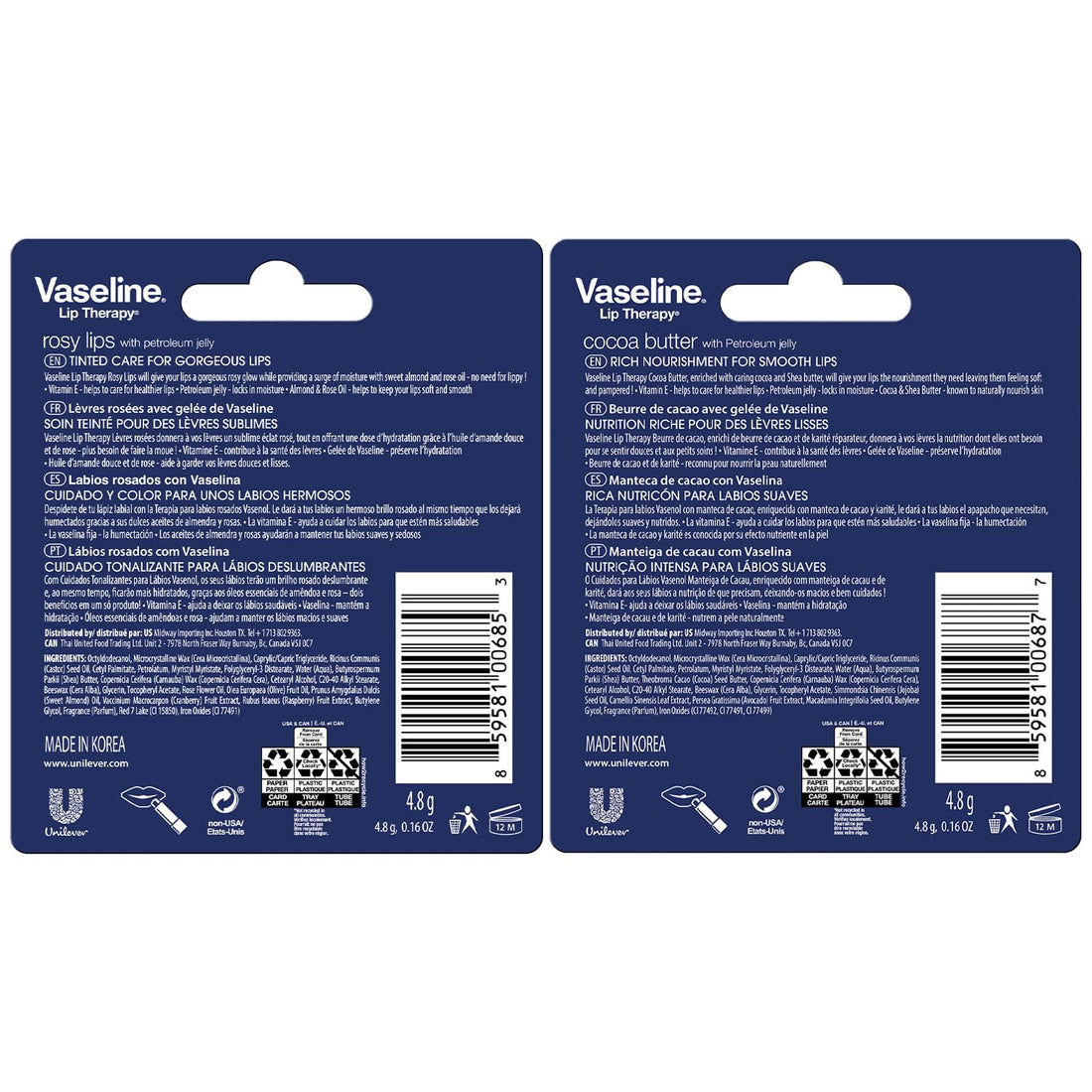 Vaseline Lip Therapy Variety 4-Pack – Rosy Lips + Cocoa Butter Moisturizing Lip Balm with Vitamin E, 0.16 Oz Ea