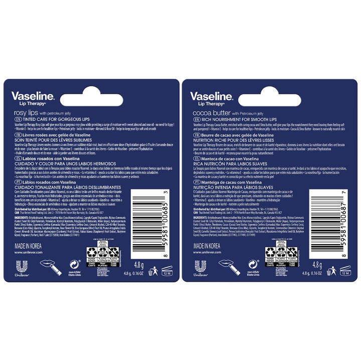 Vaseline Lip Therapy Variety 4-Pack – Rosy Lips + Cocoa Butter Moisturizing Lip Balm with Vitamin E, 0.16 Oz Ea
