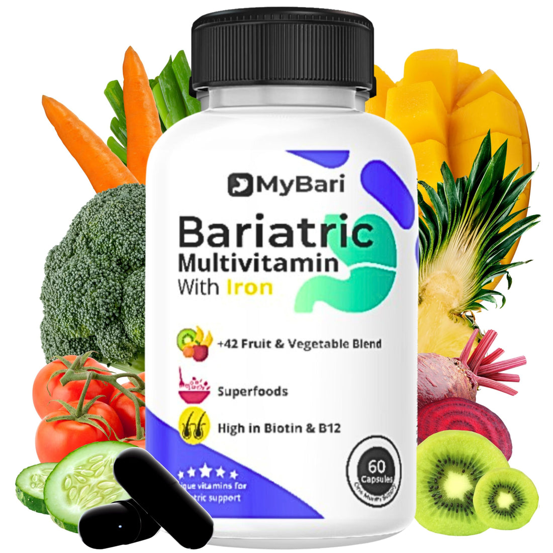 MyBari All-in-One Bariatric Multivitamin with Iron - Made in USA - for Men & Women - Supports Gastric Sleeve & Bypass with 42+ Fruit & Veggie Blend - 60 Liquid Capsules
