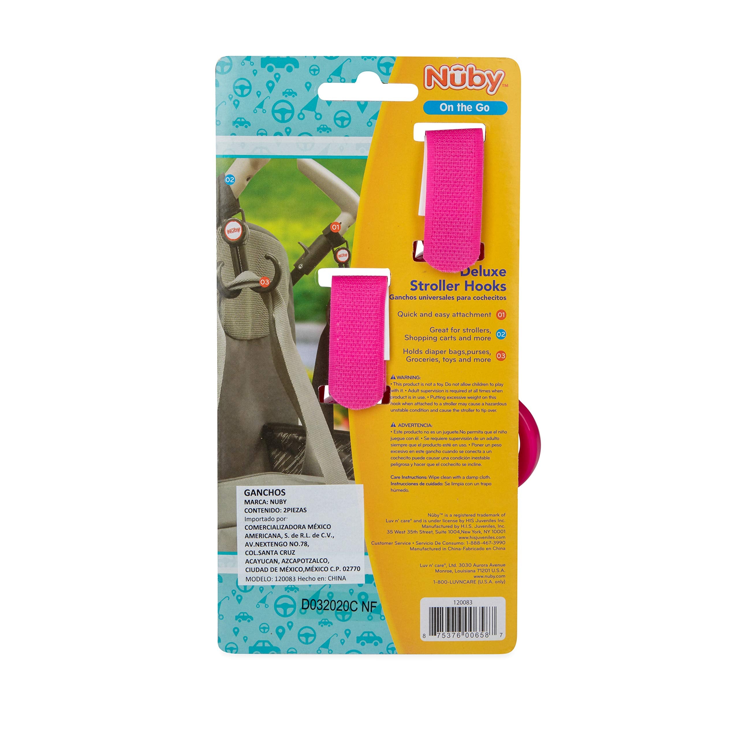 Nuby Double Stroller Hook, Adjustable Hook, Pink
