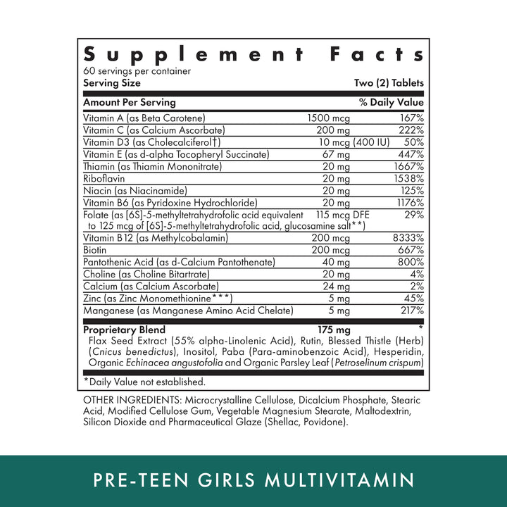 MICHAEL'S Health Naturopathic Programs Pre-Teen Girls - 120 Vegetarian Tablets - Daily Multivitamin for Healthy Growth & Development - Kosher - 60 Servings