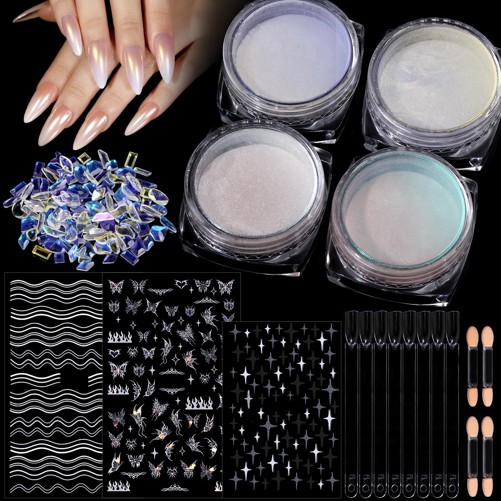 Teenitor Pearl Chrome Nail Powder Kit, 4pcs Nail Chrome Powder for Nails, Chrome Powder for Gel Nails, Cromer Nail Powder Art Nail Art Kit White Chrome Nail Powder, Chrome for Nails