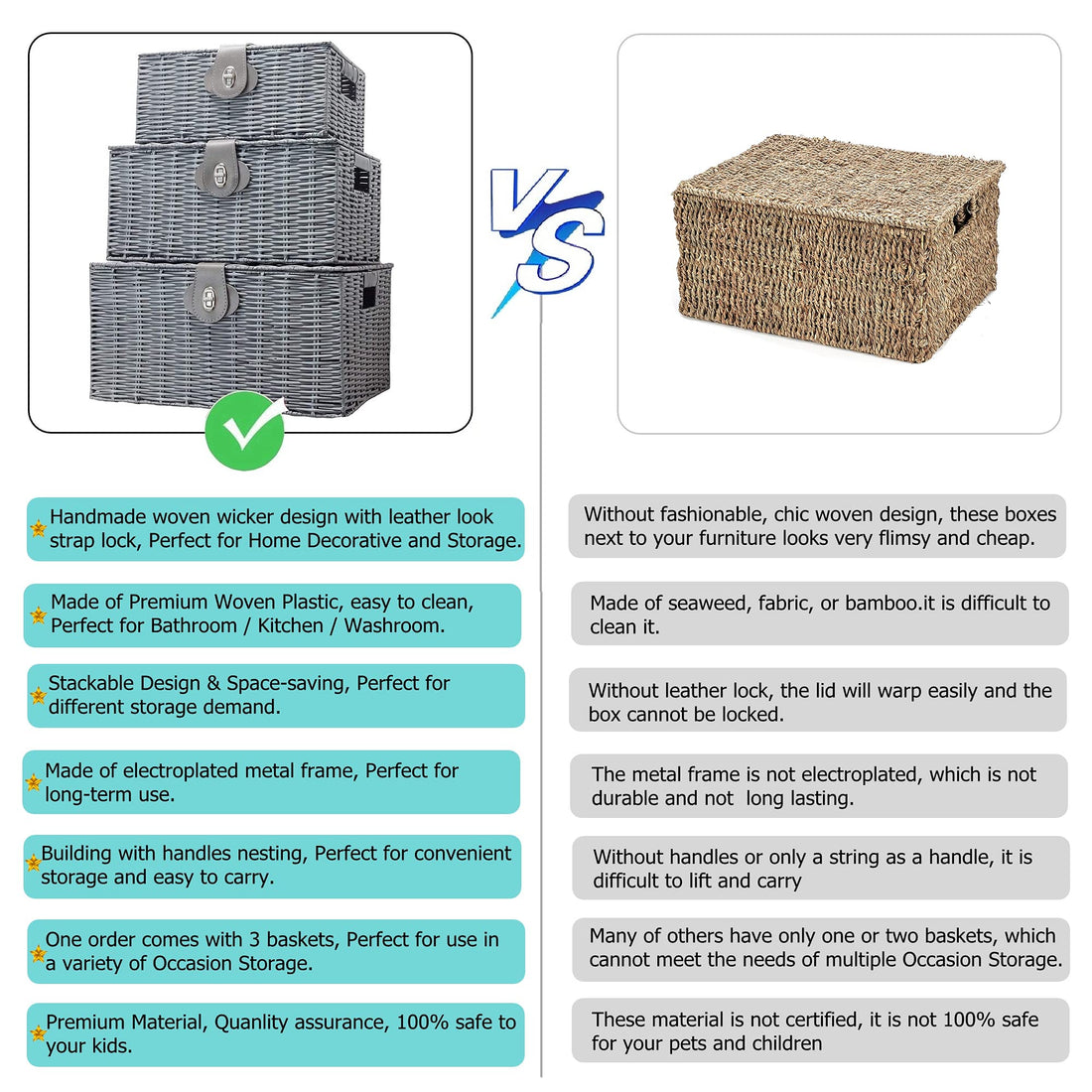 Homepeaz Set of 3 Woven Storage Basket Bin Wicker Hamper Stackable Box with Lid & Lock, Container Tote Cube Organizer for Nursery, Baby Toiletry, Diaper, Toys, Home Closet, Laundry, DVD, Book (Grey)