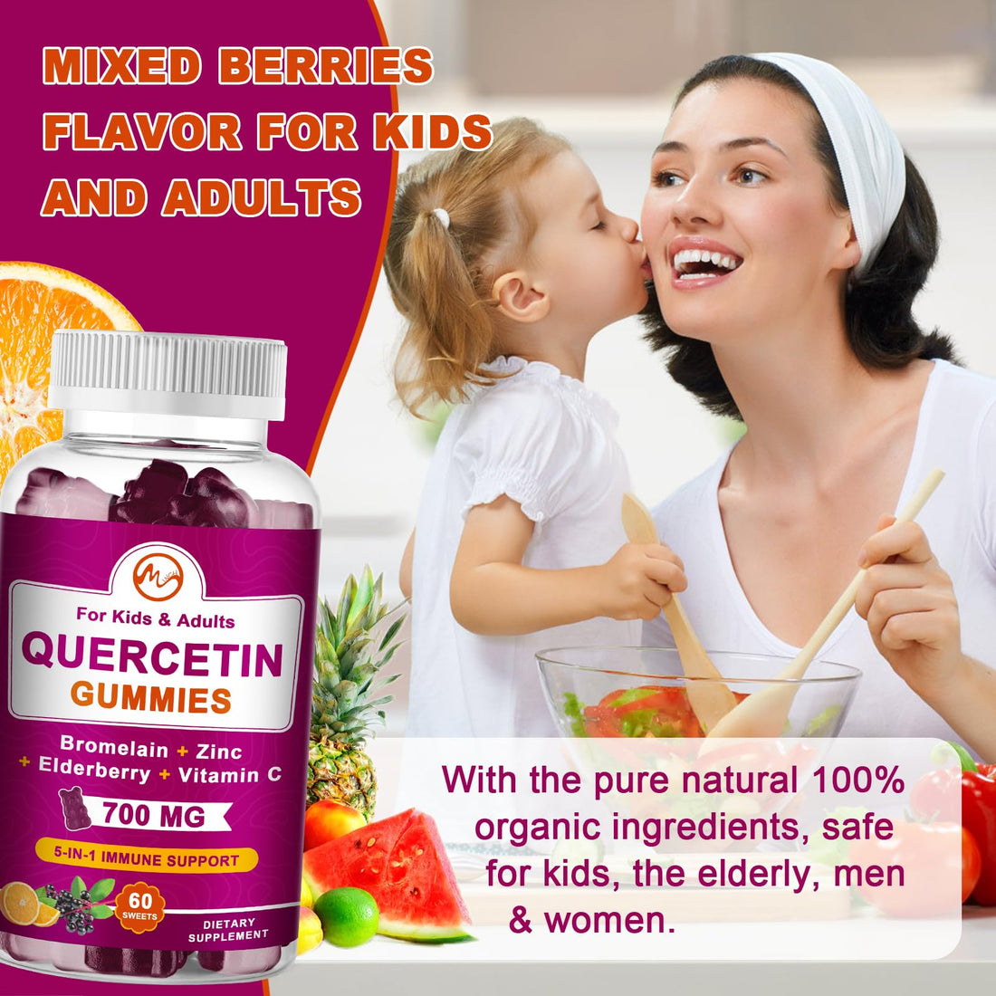 M inch Quercetin Gummies with Bromelain, Elderberry, Zinc and Vitamin C - Chewable Quercetin 700 mg Supplement for Immunity, Allergy, Antioxidant Support - Vegan Gummies, 60 Gummies