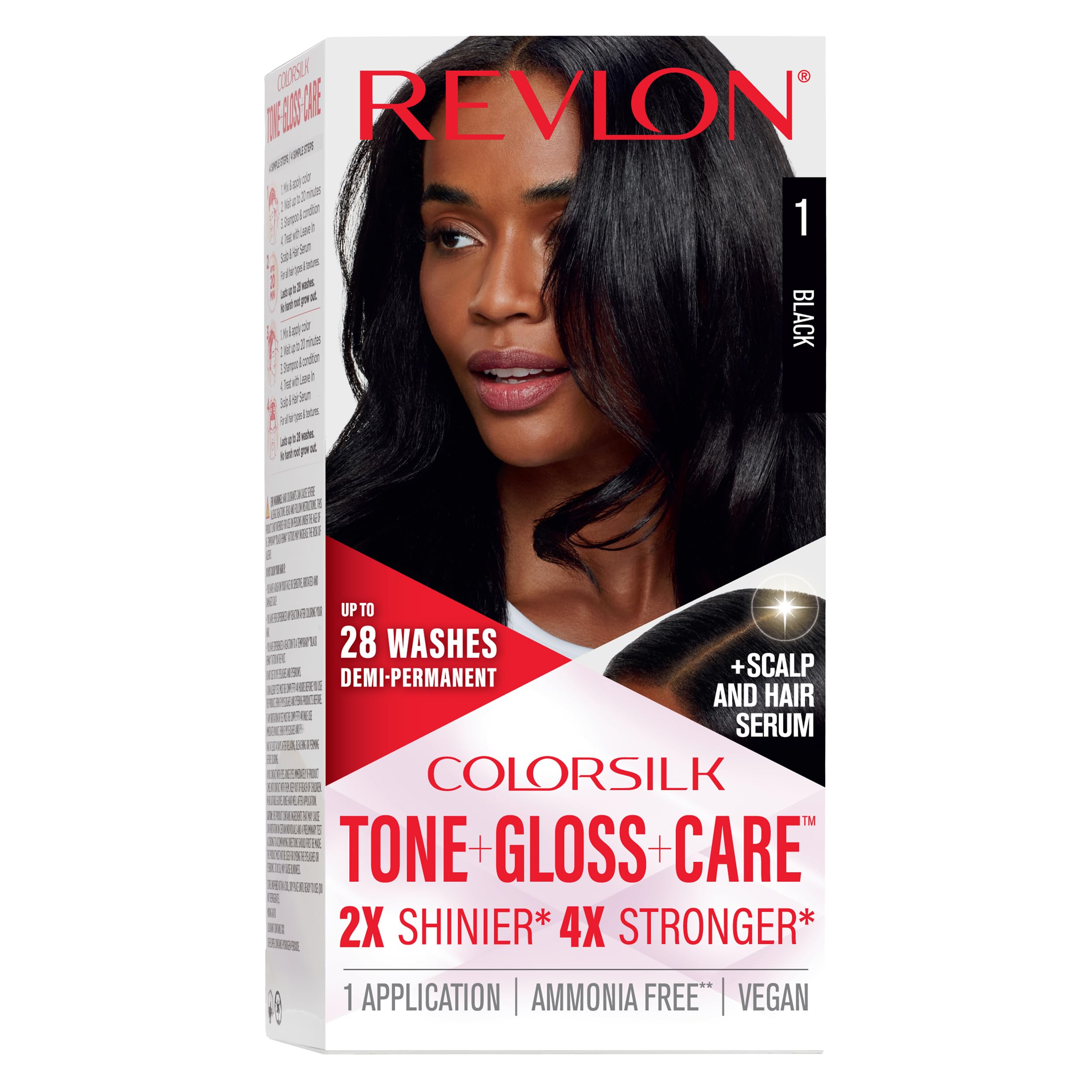 Revlon ColorSilk Tone + Gloss + Care Demi Permanent Hair Color, Dye Kit with Leave-In Scalp and Haircare Serum, 2x Shinier, 4x Stronger, 1 Black, 4.5 fl oz