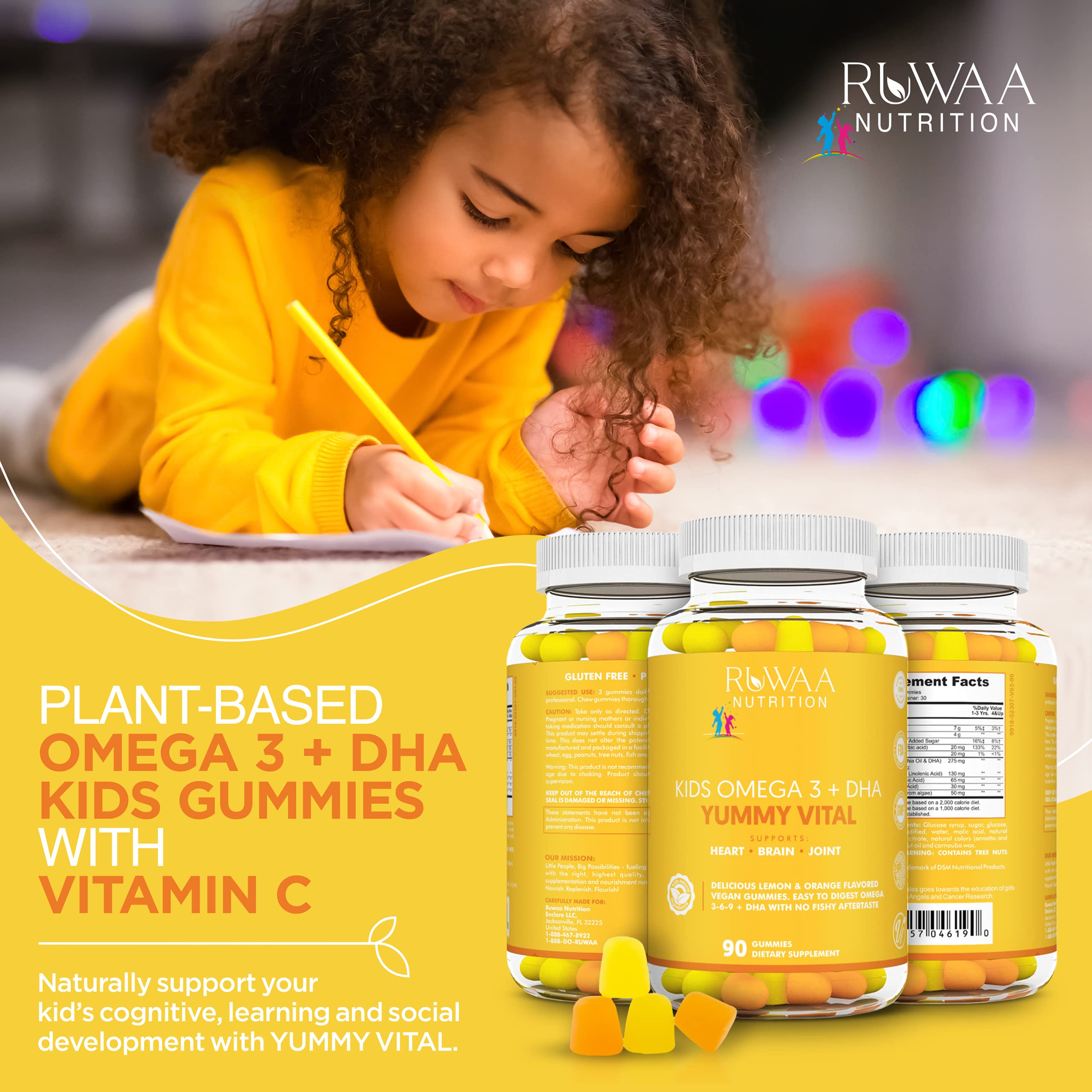 RUWAA NUTRITION Omega 3, DHA, Plant-Based 3 6 9 + Vitamin C: Immune Support, Heart, Brain, Eye & Joint Supplement, Vegetarian, Gluten Free, Non-GMO, 90 Gummies (1)