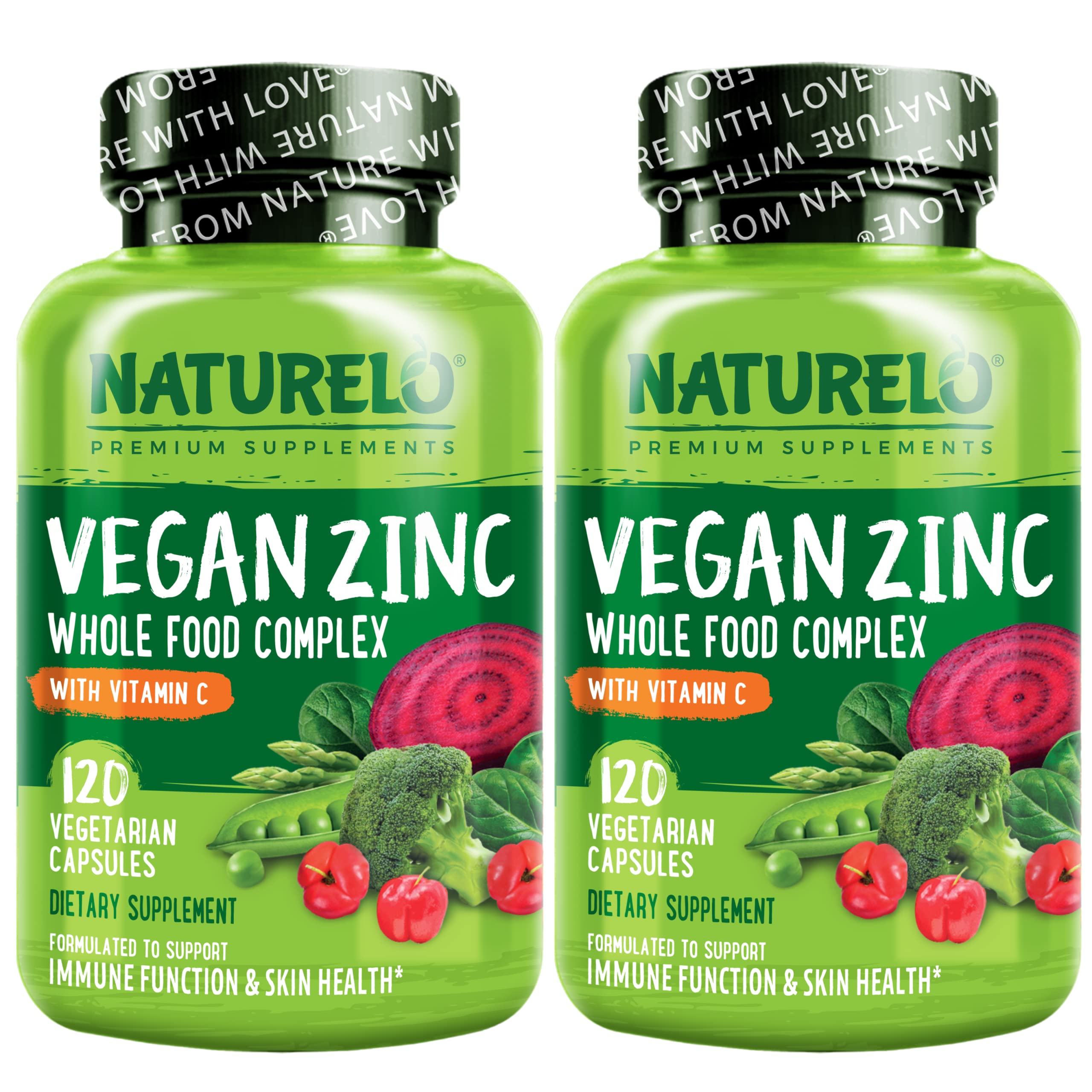 NATURELO Vegan Zinc Immune Support Capsules - Whole Food Complex with Vitamin C for Healthy Skin, Hair, and Nails - 120 Capsules (Pack of 2)