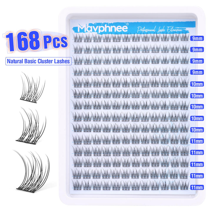 Natural Cluster Lashes Kit 168 Pcs Wispy Lash Extensions CC-Curly 9-11MM Mixed Lengths Eyelash Extension Individual Kit with Lashes Bond and Seal and Tweezers DIY at Home by Mavphnee