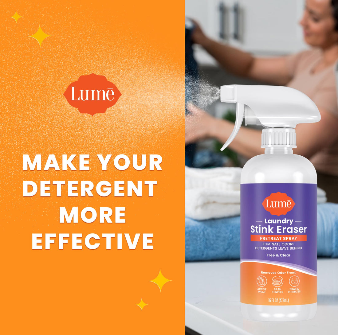 Lume Laundry Stink Eraser - Pretreat Spray & Laundry Brush - Eliminates Body Odor In Clothes - Odor Blasting Enzyme Blend - Makes Your Detergent Work Better - Free And Clear - 16 fluid ounces