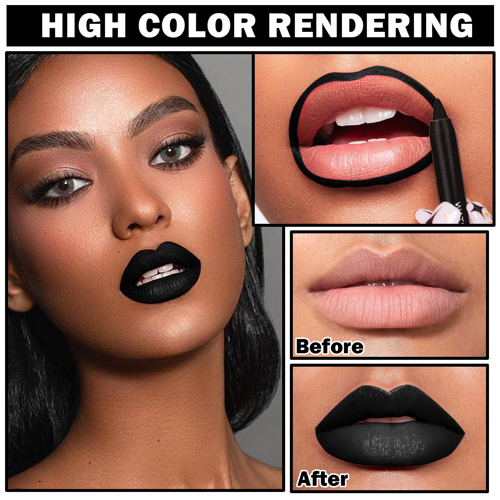 QIUFSSE Black Matte Lipstick and Lip Liner Pencil Set - Liquid Lipstick, Long-lasting, Suitable for Halloween, Goth Cosplay Makeup