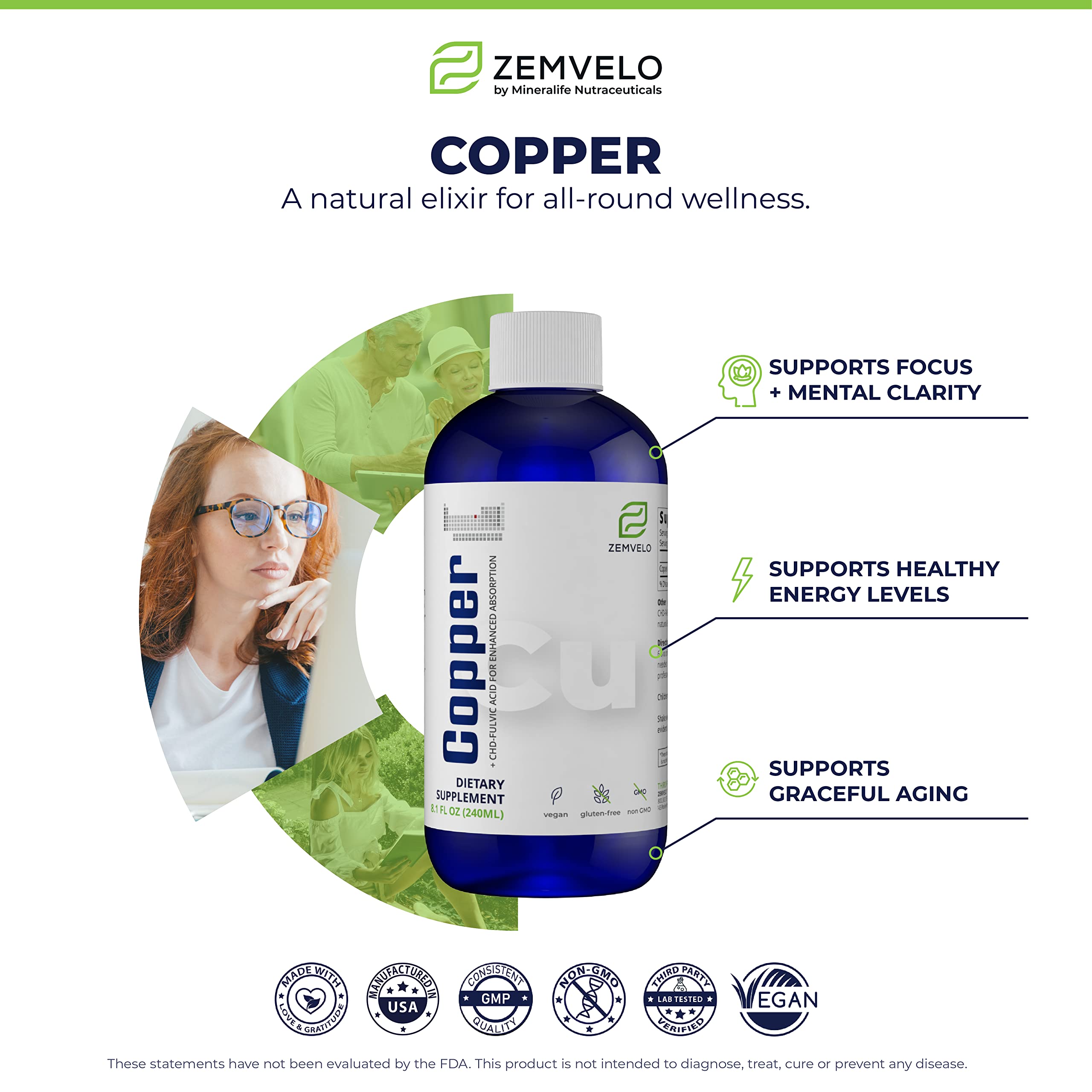 Liquid Ionic Chelated Copper | Natural Elixir for Healthy Connective Tissue | Healthy Hair, Skin, Nails & Collagen | Healthy Iron Levels | Mood Balance | 96 Day Supply