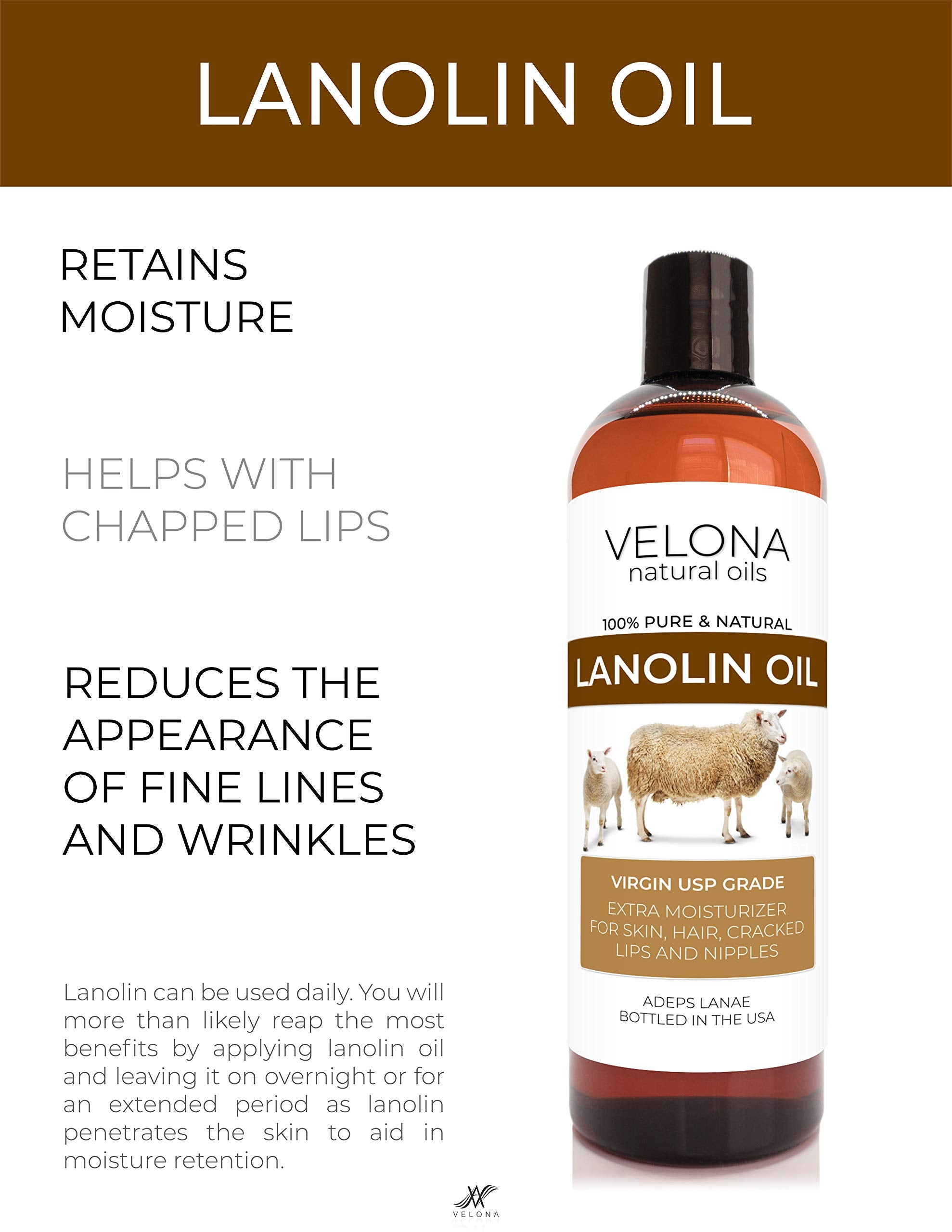 velona Lanolin Oil USP Grade 8 fl oz | 100% Pure and Natural Carrier Oil | Refined, Cold pressed | Skin, Hair, Body & Face Moisturizing | Use Today - Enjoy Results