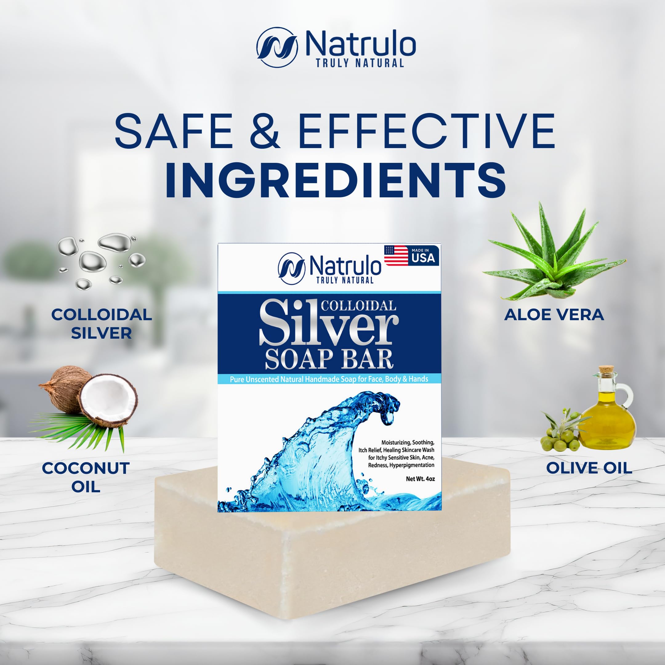 Colloidal Silver Soap Bar, 4oz Unscented – Natural Handmade in USA Pure Cleanser for Face, Body & Hands – Cleansing, Moisturizing, Soothing Itch Relief Wash for Sensitive Skin, Acne, Hyperpigmentation