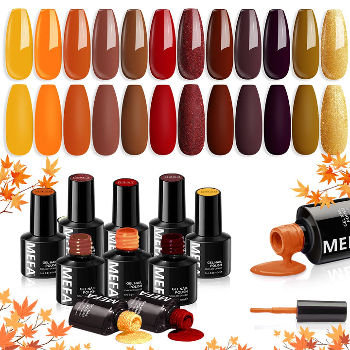 MEFA Fall Gel Nail Polish Set, 12 Color Red Brown Gold Glitter Nail Polish Kit Soak Off Pumpkin Bronze Nail Art Decorations DIY Home Salon Design Manicure Gifts for Women Girls