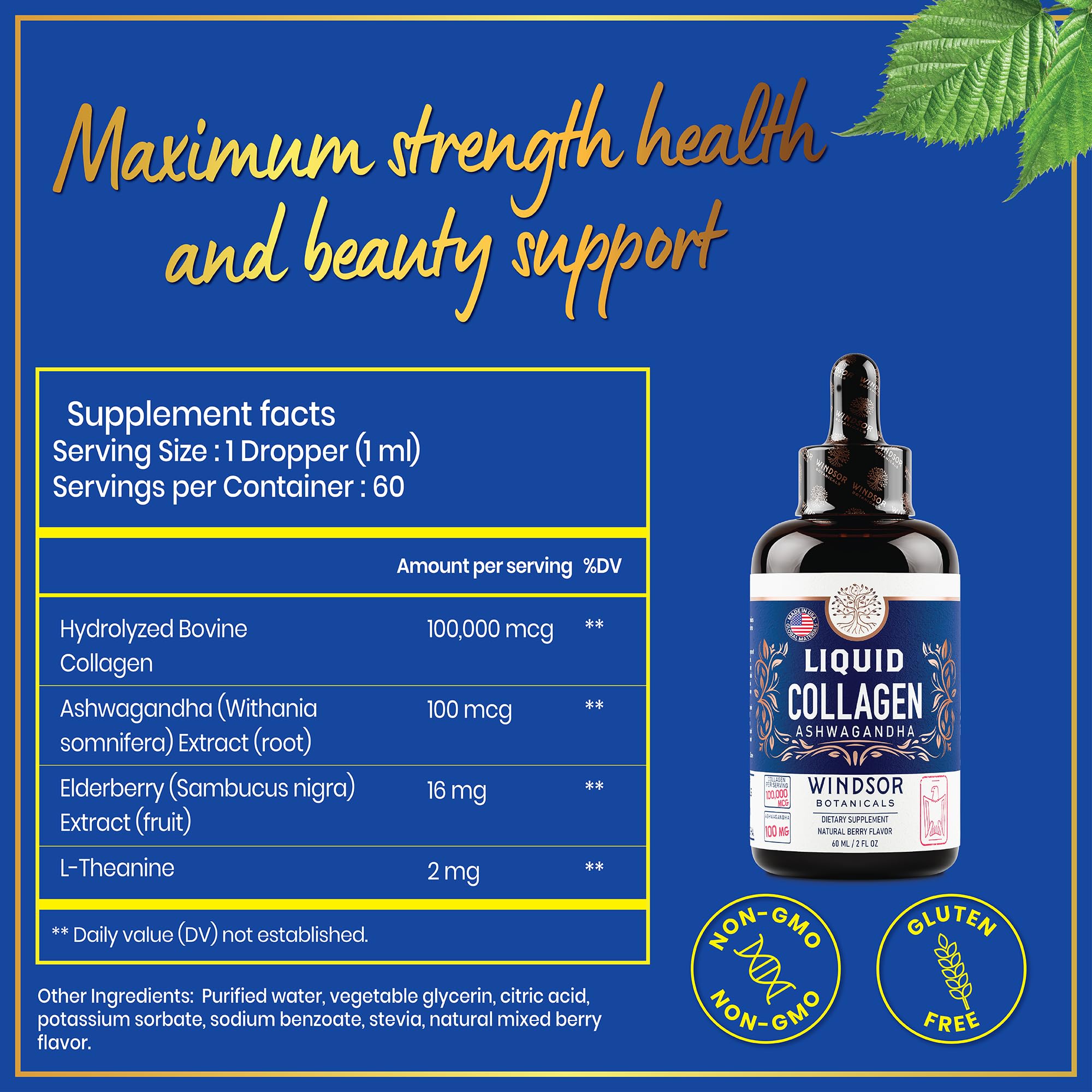 Liquid Collagen for Women with Ashwagandha, Elderberry, L-Theanine - High Absorption 100,000 mcg Hydrolyzed Collagen Peptides Liquid Drops - Hair, Skin, Nails and Nails Support – 60 Servings