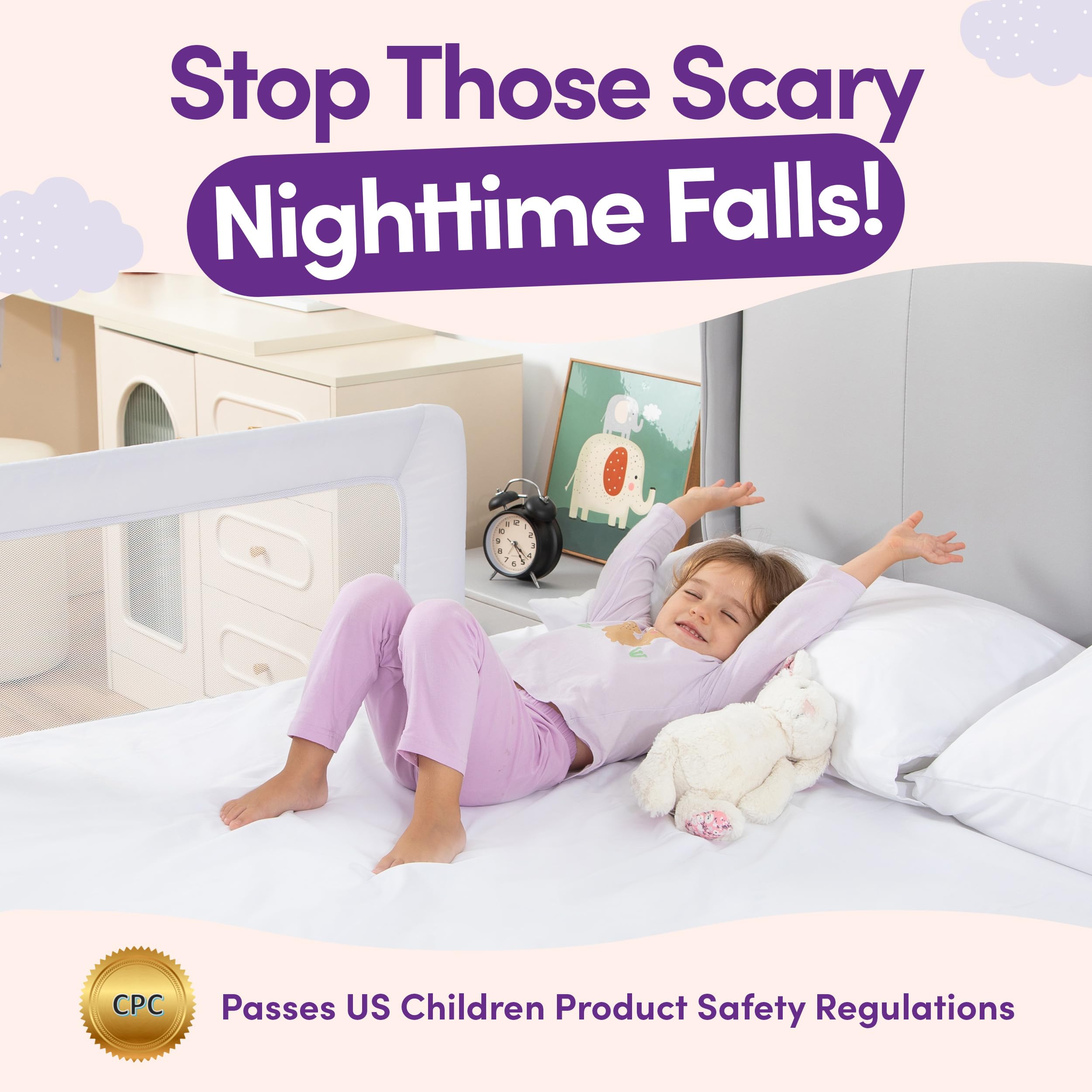 ComfyBumpy Toddler Bed Rail Guard | Bed Rails for Kids, Twin, Full, Queen & King Size Bed - Adjustable Bed Rail for Toddlers - Swing Down Baby Bed Side Rail - White, Regular (35.5 x 19.5)