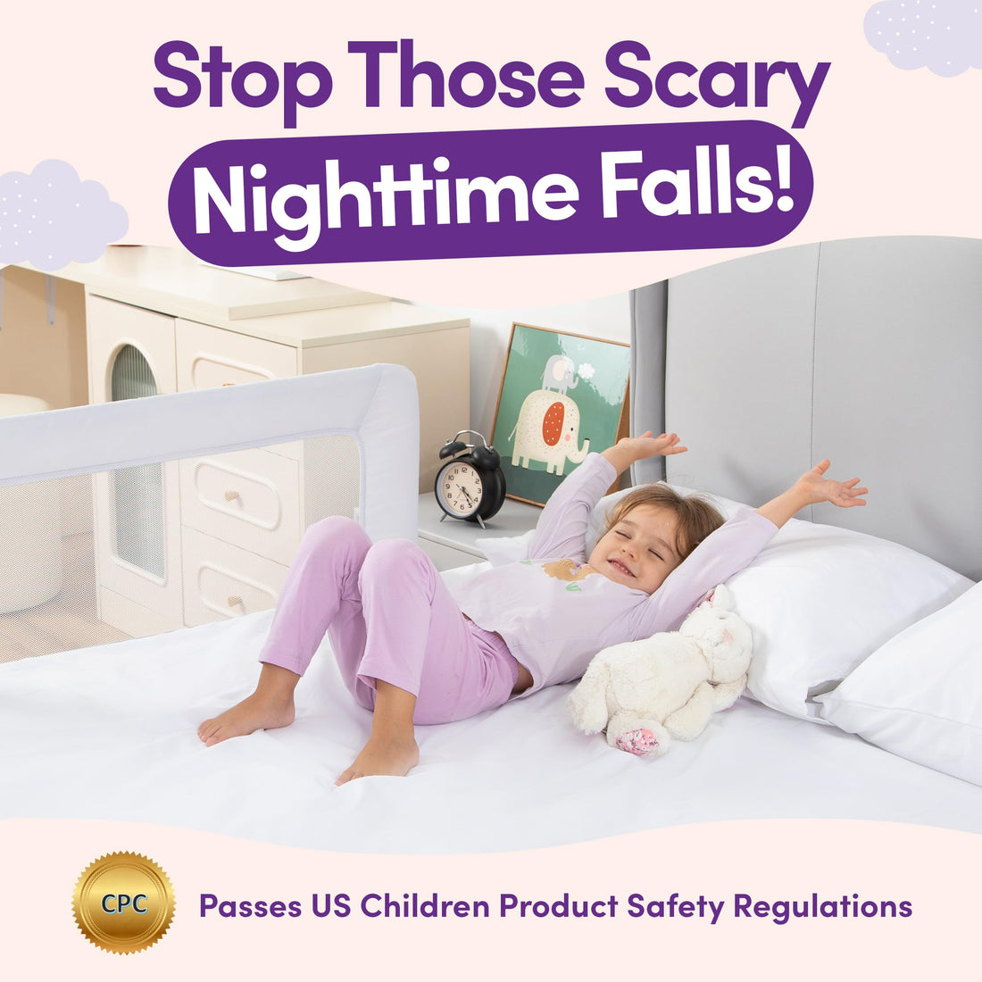 ComfyBumpy Toddler Bed Rail Guard | Bed Rails for Kids, Twin, Full, Queen & King Size Bed - Adjustable Bed Rail for Toddlers - Swing Down Baby Bed Side Rail - White, Regular (35.5 x 19.5)