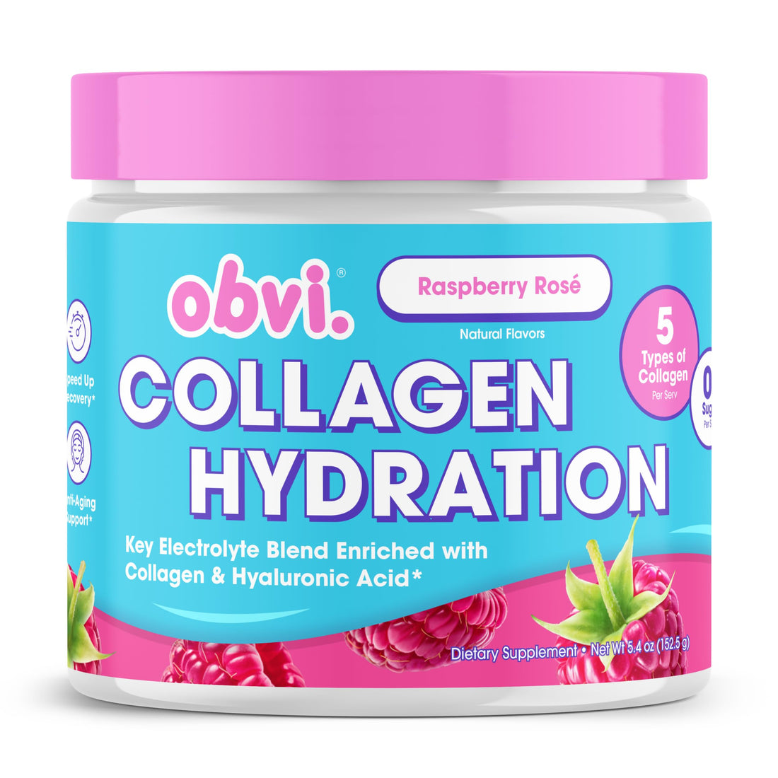 Obvi Hydration Powder | Electrolyte & Collagen Peptide Complex | 5 Types of Collagen with Hyaluronic Acid | Supports Skin Elasticity & Joint Health | Sugar-Free | Raspberry Rose, 30 Servings