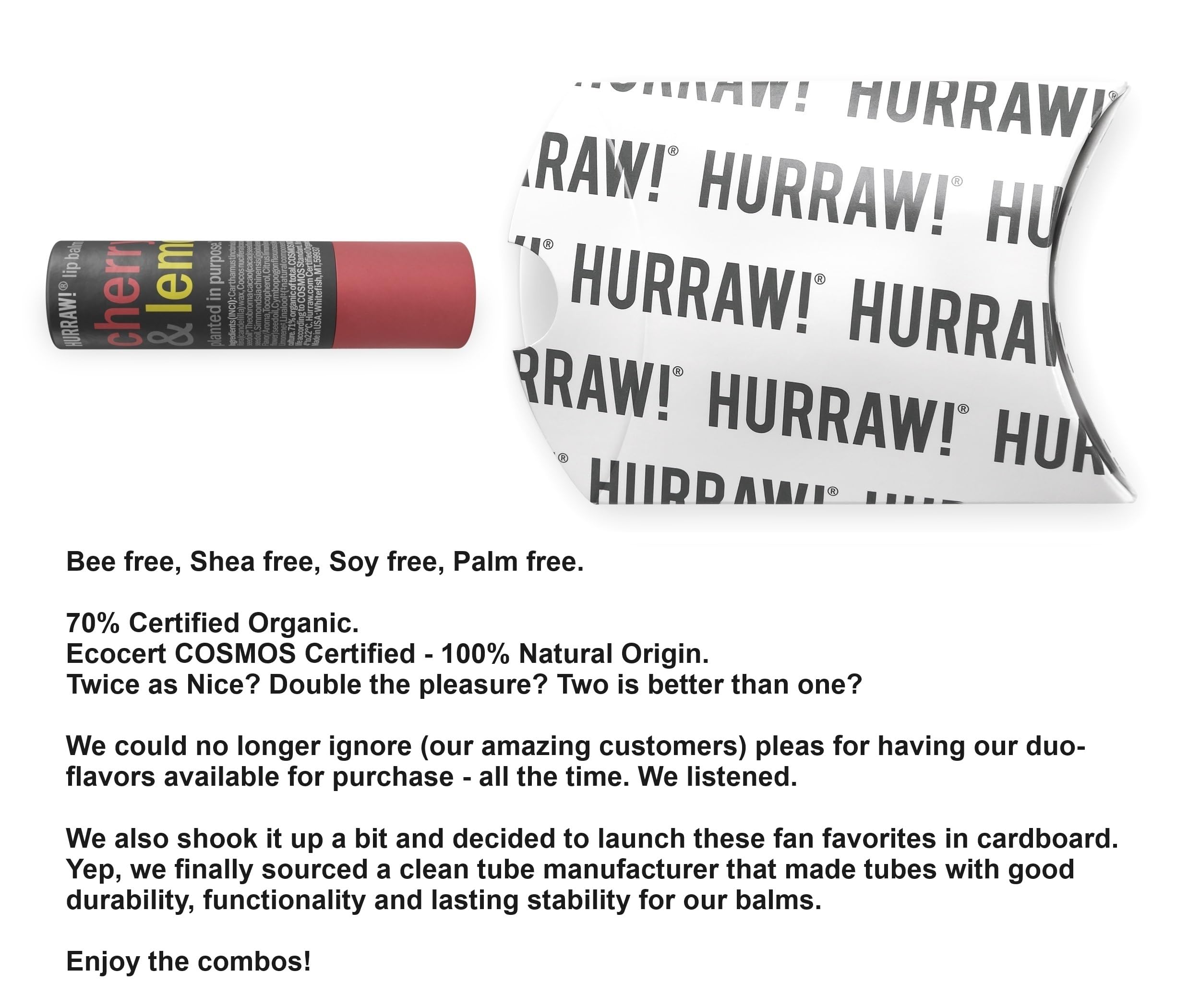 Hurraw! Cherry & Lemon Lip Balm: Plastic-Free with new cardboard push-up tube. Certified Organic, 100% Natural Origin, Vegan, and Cruelty Free. Gluten Free. Bee, Shea, Soy and Palm Free. Made in USA