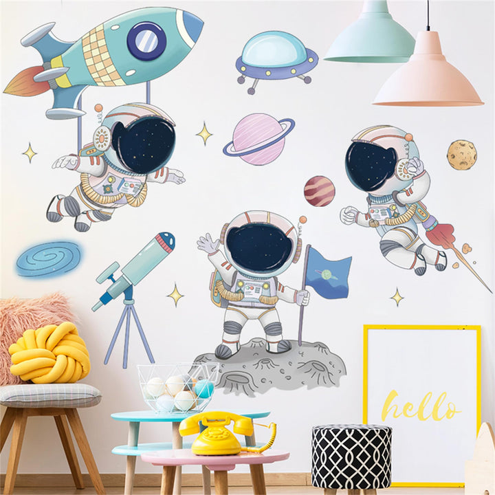 WAFT YEARN Astronaut Universe Outer Space Moon Star Space Ship Wall Decal Removable Wall Sticker Decor for Nursery Classroom Bedroom Bathroom Boys Girls Room Playroom Colorful Peel and Stick Decals
