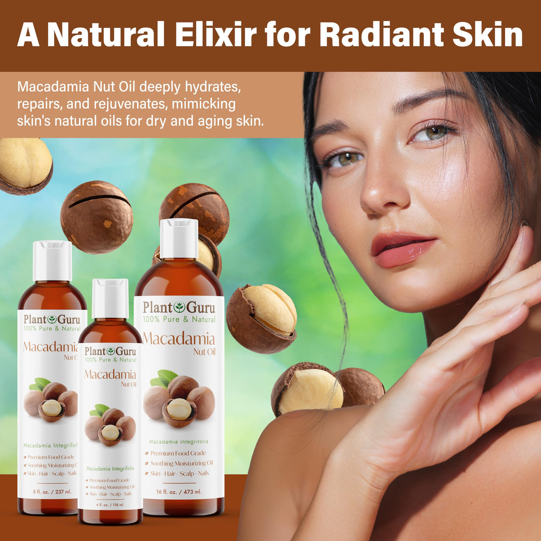 Macadamia Nut Oil 16 fl. oz. Unrefined Cold Pressed 100% Pure Natural - Skin, Hair, Body & Face Moisturizer.