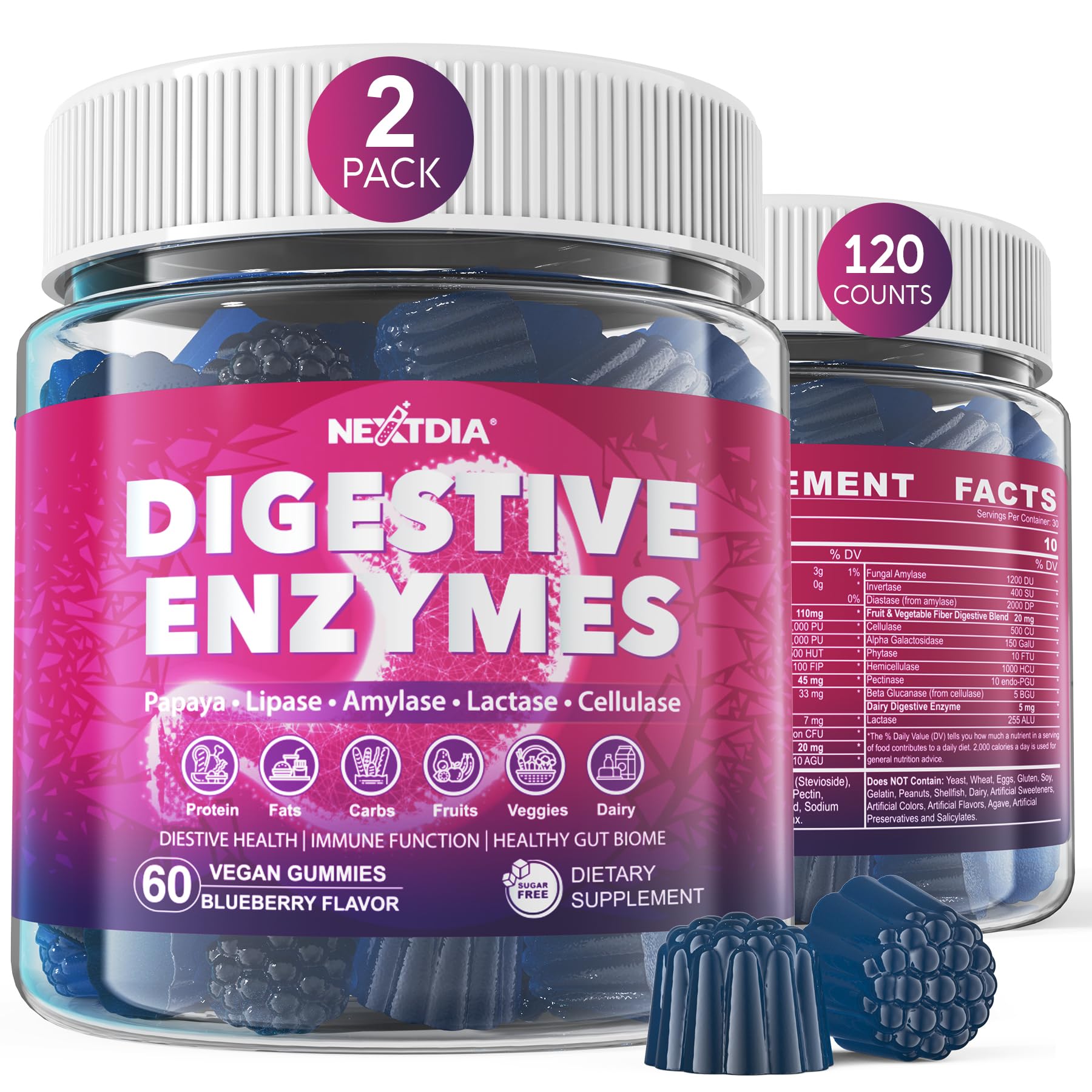 Digestive Enzymes Gummies with Probiotics, Papaya, Bromelain, Ginger - Bloating Relief & Gut Health Chewable Supplement for Women Men Digest Proteins Dairy Carbs Veggies Fats, Sugar Free Vegan, 120Cts