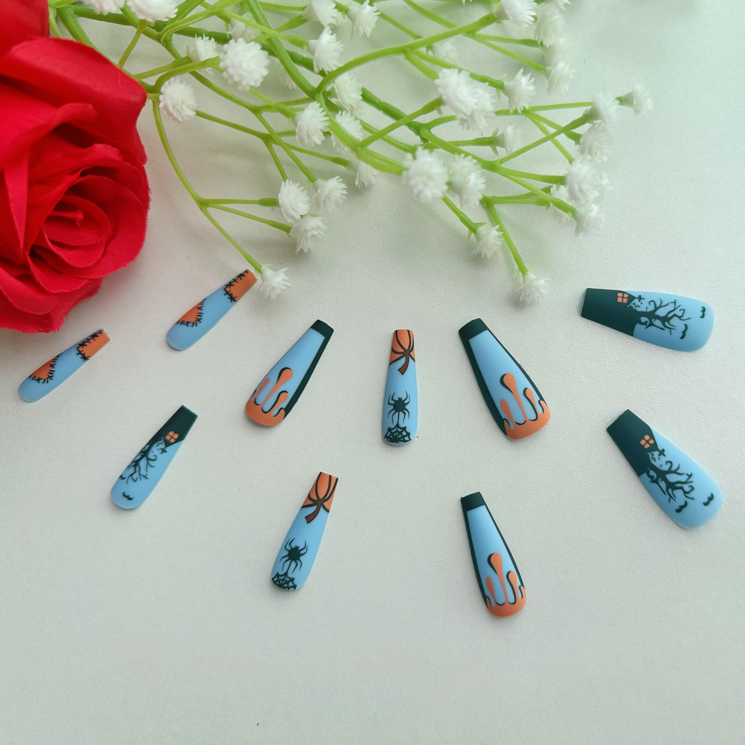 false nails,Blue long nails,Soft Gel Press - on Nails: Unique Blue with Palm Tree & Bow Designs, 24 nail sizes,Natural Fit