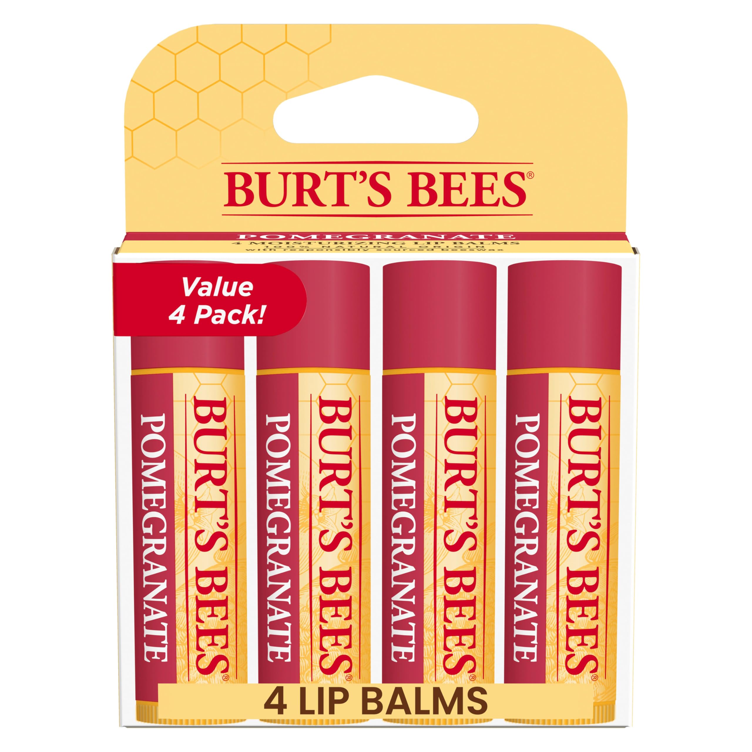 Burt's Bees Lip Balm - Pomegranate, Lip Moisturizer With Responsibly Sourced Beeswax, Tint-Free, Natural Origin Conditioning Treatment, 4 Tubes, 0.15 oz.