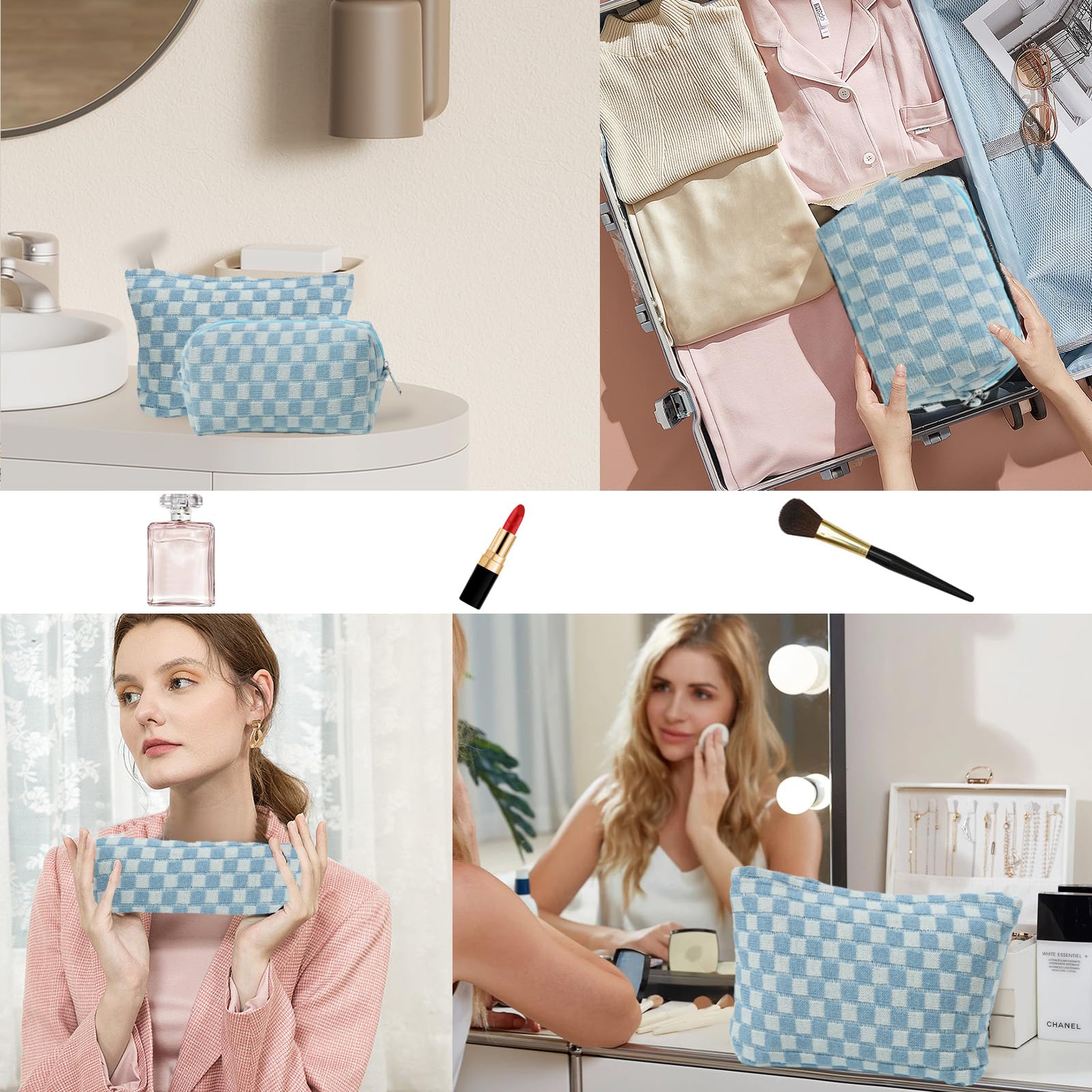 LYDZTION Large Capacity Makeup Bag Set - 3 Pieces Checkered Cosmetic Bag for Women Travel Makeup Bag Organizer Cute Makeup Brushes Storage Bag Travel Toiletry Bag Storage Bag for Women,Blue