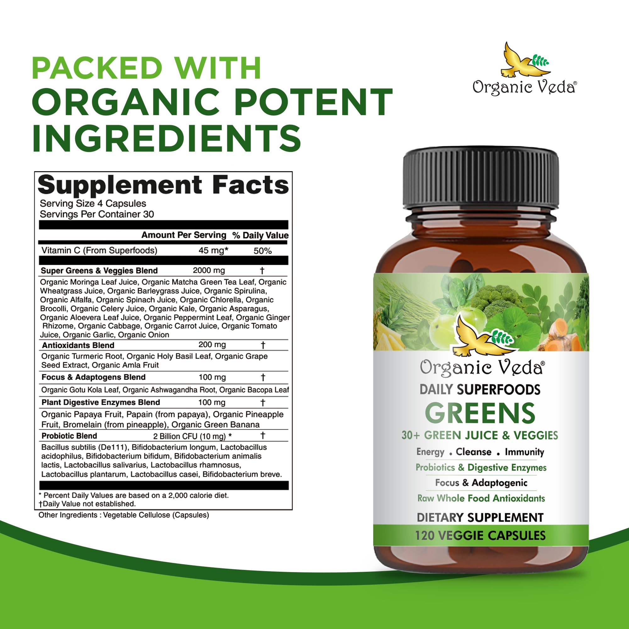 Organic Veda Superfoods Greens Capsules - 30+ Super Green Juice and Veggies Supplement with Moringa, Matcha, Spirulina, Chlorella, Turmeric - Antioxidants, Probiotics & Digestive Enzymes - 120 ct