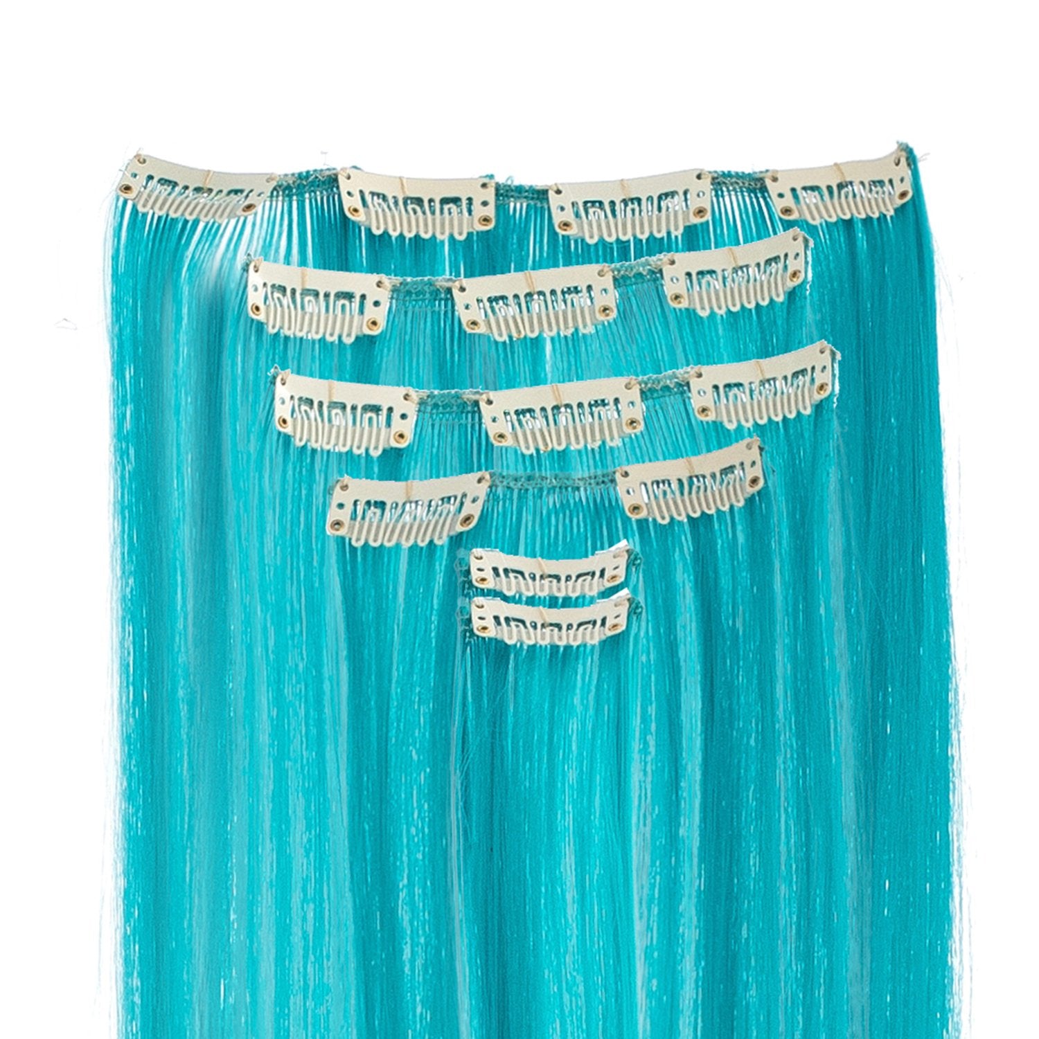 22-Inch Straight , Teal Blue : SWACC 7 Pcs Full Head Party Highlights Clip on in Hair Extensions Colored Hair Streak Synthetic Hairpieces (22-Inch Straight, Teal Blue)