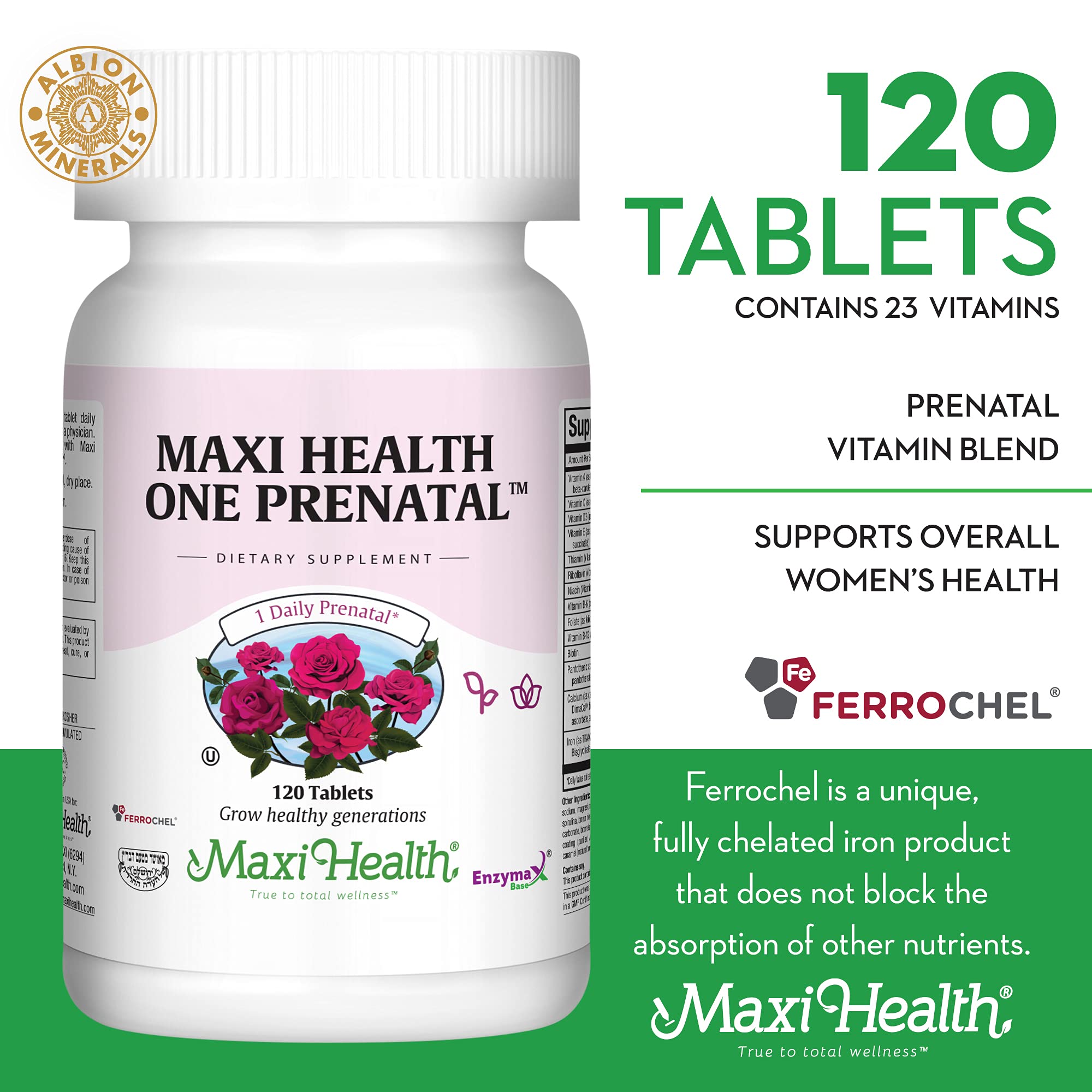 Maxi Health One Prenatal - Womens Prenatal Vitamins with Iron - Enhanced Absorption & Bioavailability - Daily Multivitamin for Women - Multi Vitamin & Mineral Supplement for Adults - 120 Tablets