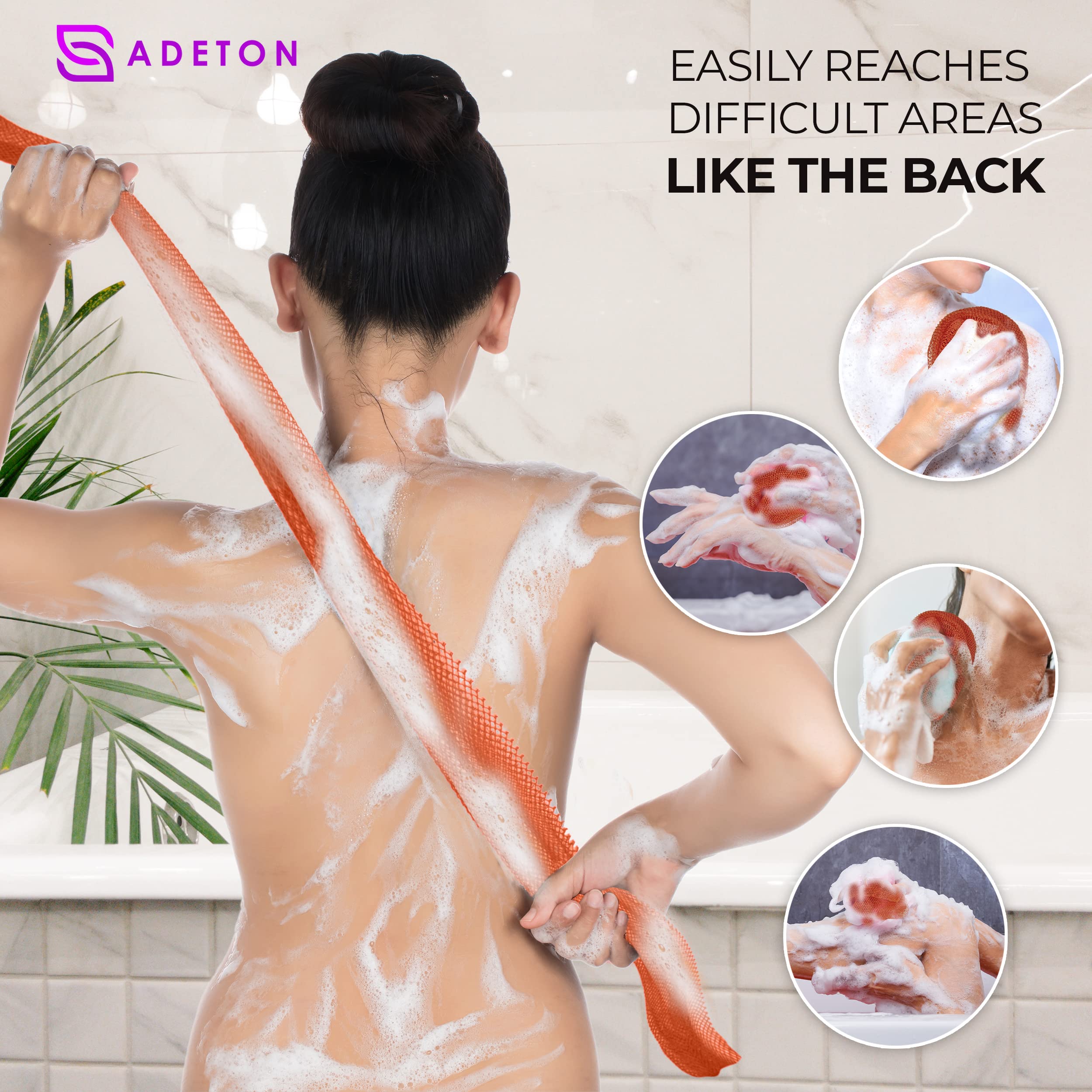 Adeton African Net Sponge, Exfoliating Body Scrubber, Body Exfoliator, Long Net Sponge, 17 Colors, Sapo, Shower Bath Accessories, Back Foot Scalp Scrub, Flat Dead Skin Remover Body Wash (Peach)