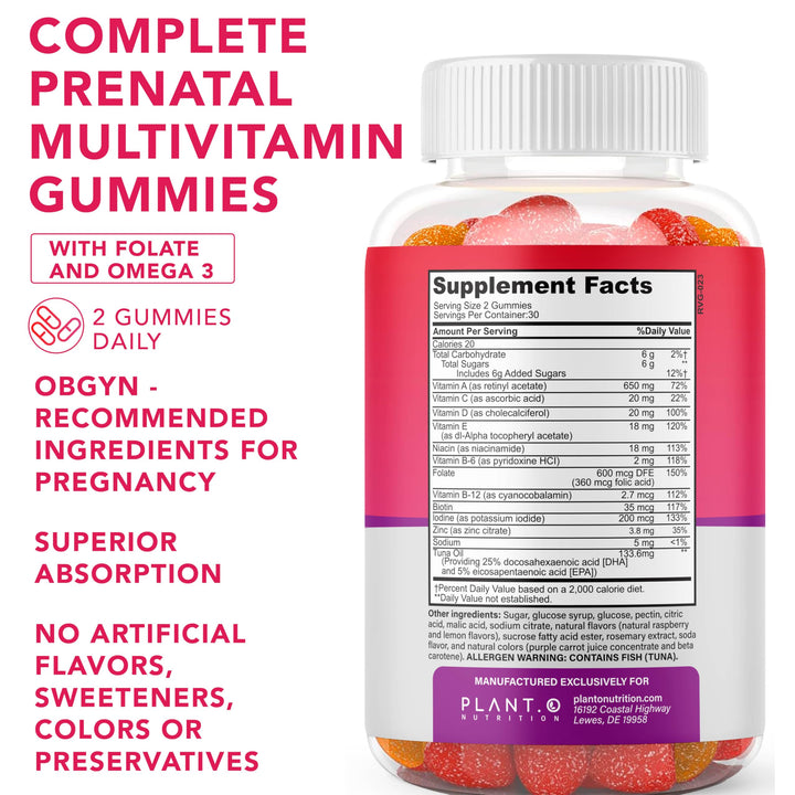PLANT.O NUTRITION Prenatal Gummies for Women with DHA, Folate, Vitamin B C D | Delicious Multivitamin Blend for Fetal and Neural Support, Bones, Energy & Immunity During Pregnancy