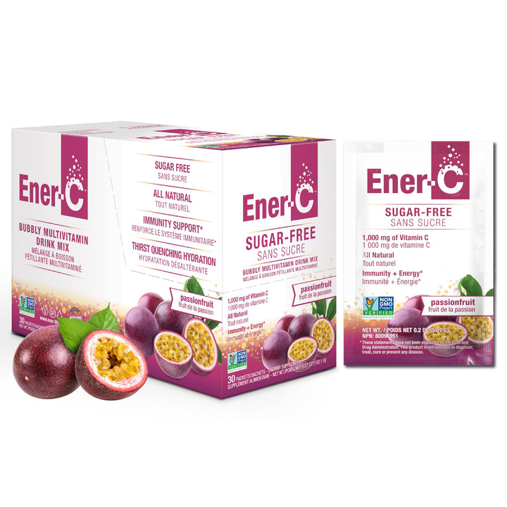 Ener-C Sugar Free Energy Passion Fruit Multivitamin Drink Mix Vitamin C 1000mg & Electrolytes - Natural Immunity Support with Real Fruit Juice Powders - Non-GMO Vegan & Gluten Free - 30 Count