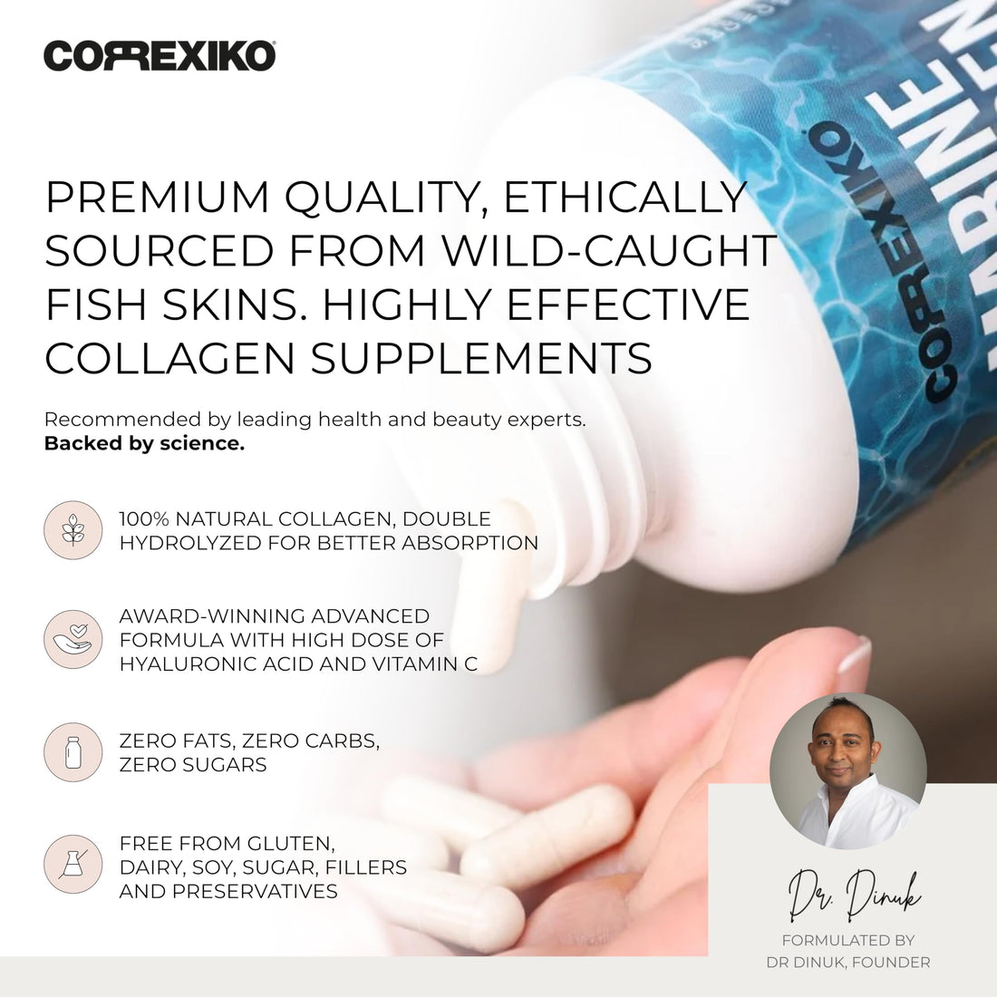 CORREXIKO Marine Collagen Supplement Pills - 1800mg Hydrolyzed Collagen Peptides per Serving with Added Hyaluronic Acid, Vitamin C & Minerals - for Hair, Skin & Nails - 120 Capsules 30 Day Supply