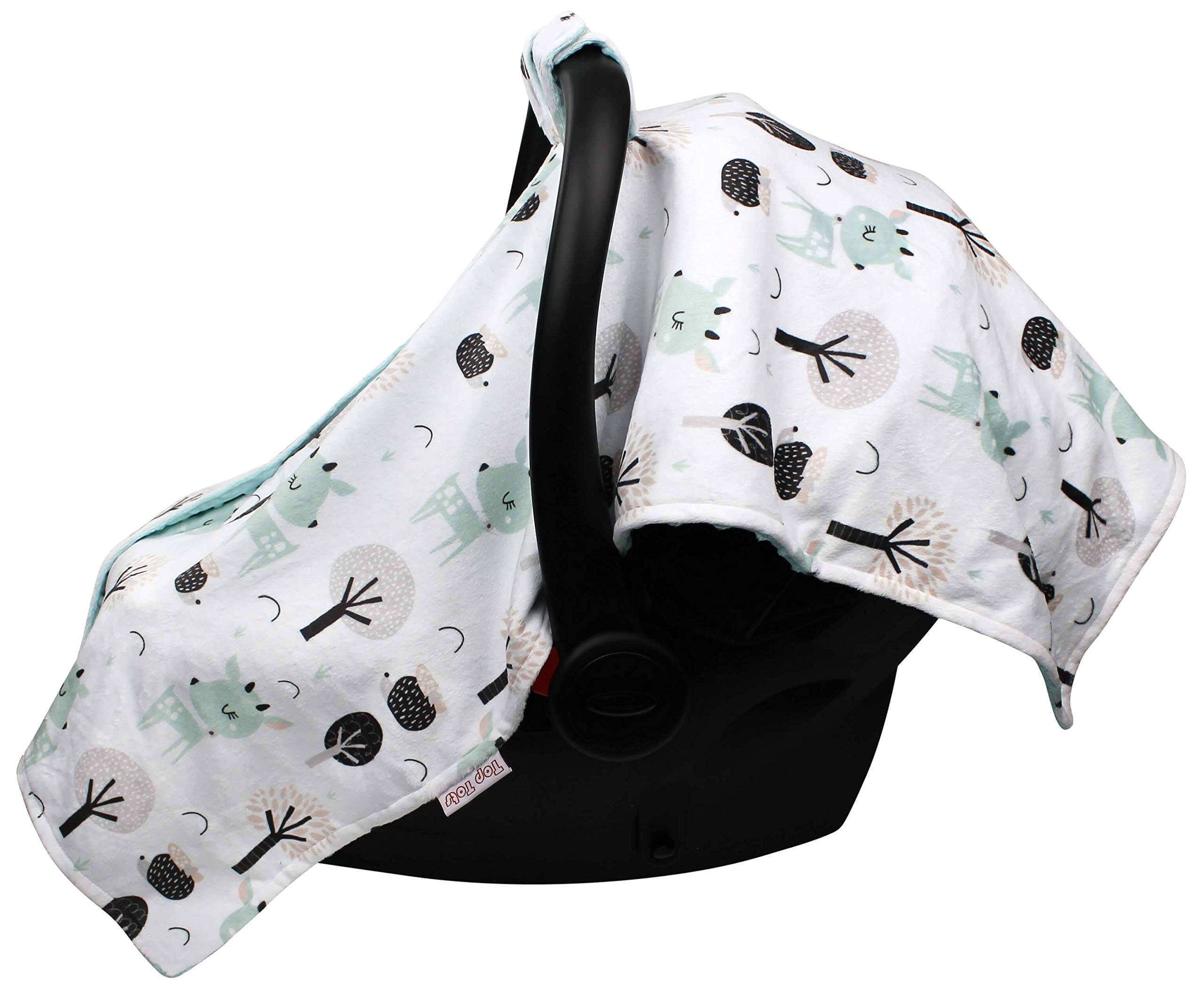 Baby Car Seat Canopy Cover - Seafoam Baby Deer and Trees with Aqua Blue Minky Dot