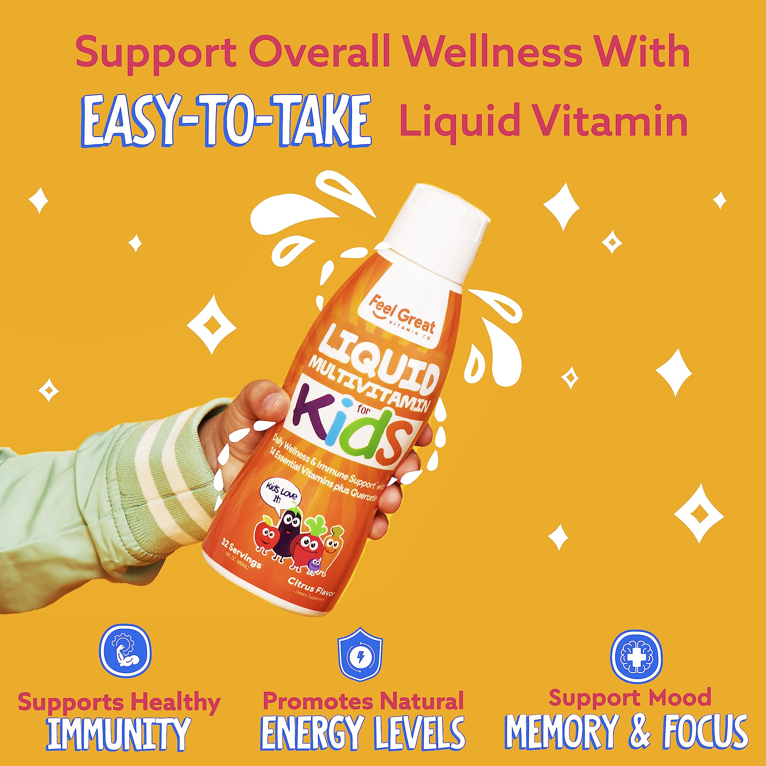 Feel Great Liquid Multivitamin for Kids | Orange Flavored Vegetarian & Sugar Free Kids Liquid Vitamin | Essential Kids Vitamins & Immune Support for Kids | 30 Day Supply