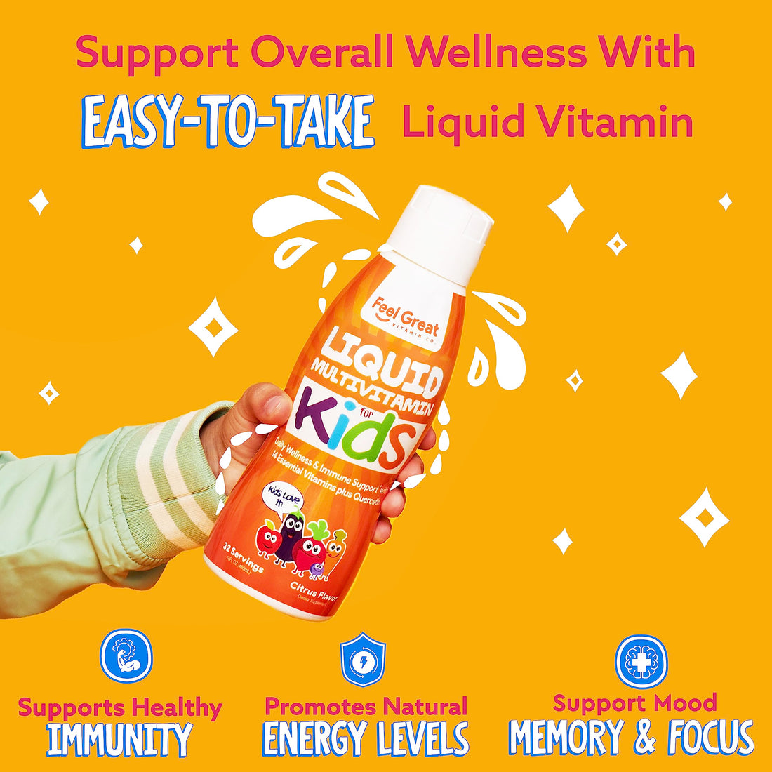 Feel Great Liquid Multivitamin for Kids | Orange Flavored Vegetarian & Sugar Free Kids Liquid Vitamin | Essential Kids Vitamins & Immune Support for Kids | 30 Day Supply